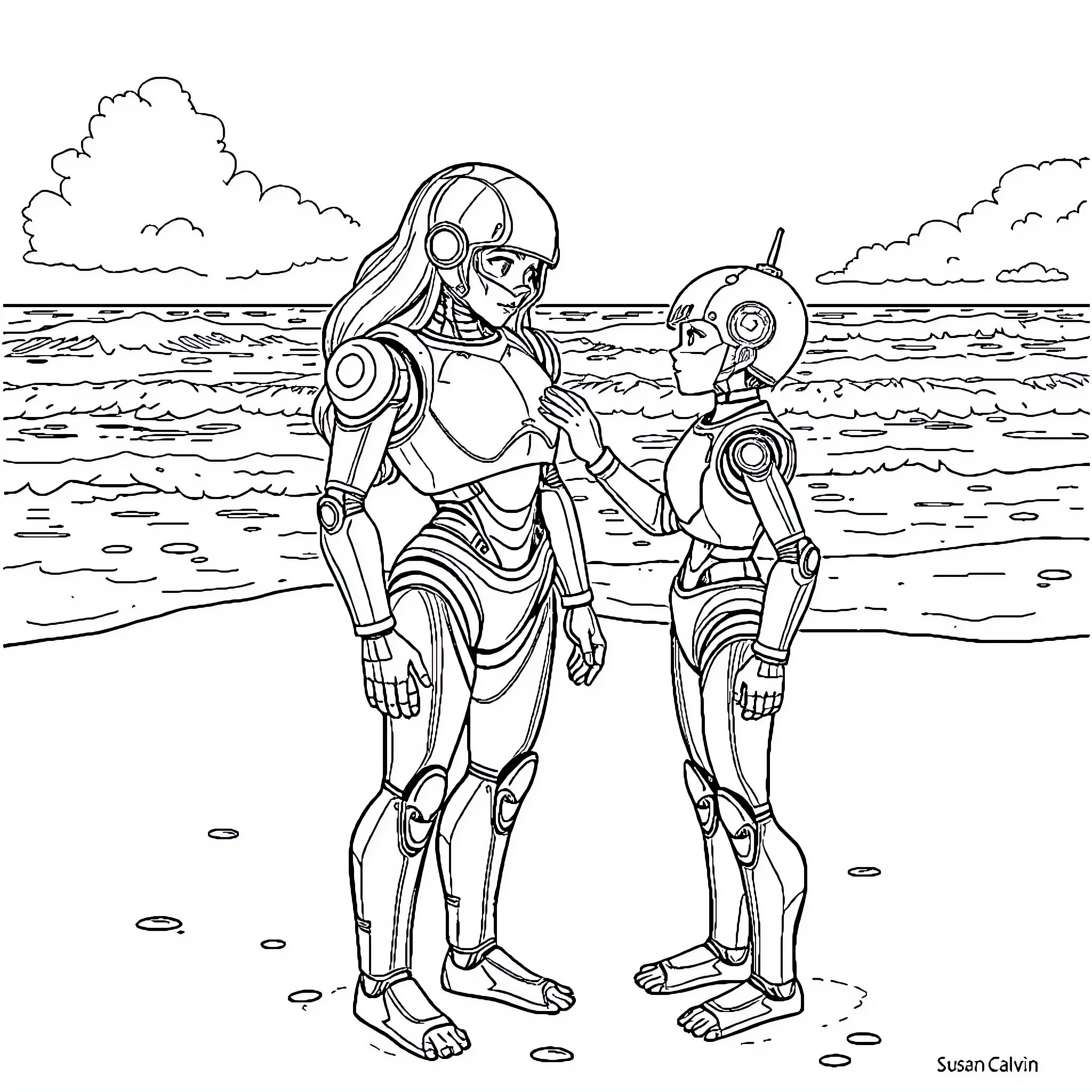 Susan Calvin and her robotic companions on the beach Coloring Page (free black-and-white line drawing printable PDF for all, from beginners to advanced learners, including children, teens, adults, and seniors)