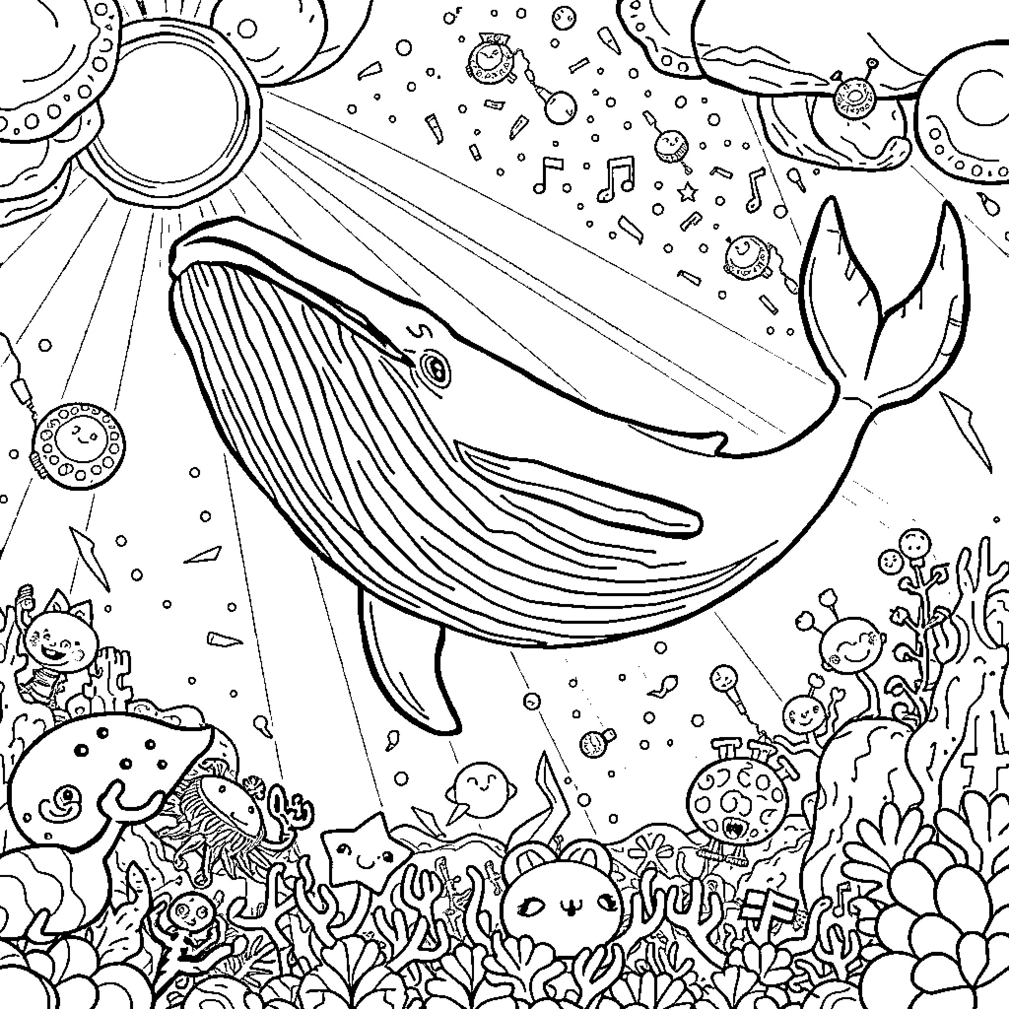 Whale swimming in the colorful underwater world Coloring Page (free black-and-white line drawing printable PDF for all, from beginners to advanced learners, including children, teens, adults, and seniors)