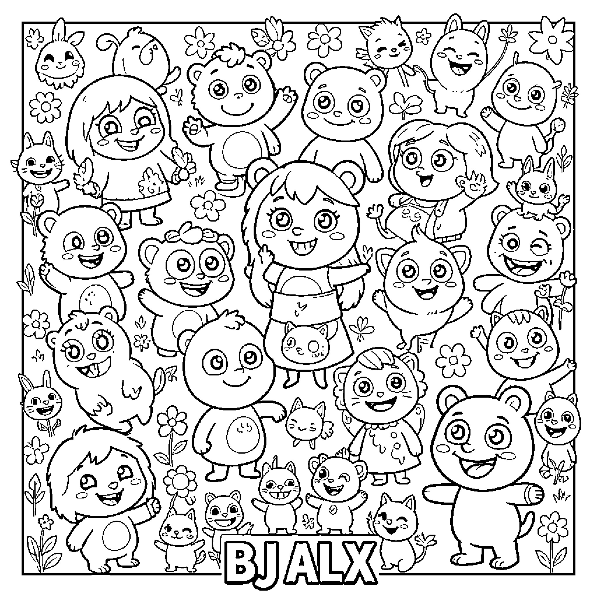 Bj Alx: Cute and Playful Characters in a Floral Scene Coloring Page (free black-and-white line drawing printable PDF for all, from beginners to advanced learners, including children, teens, adults, and seniors)