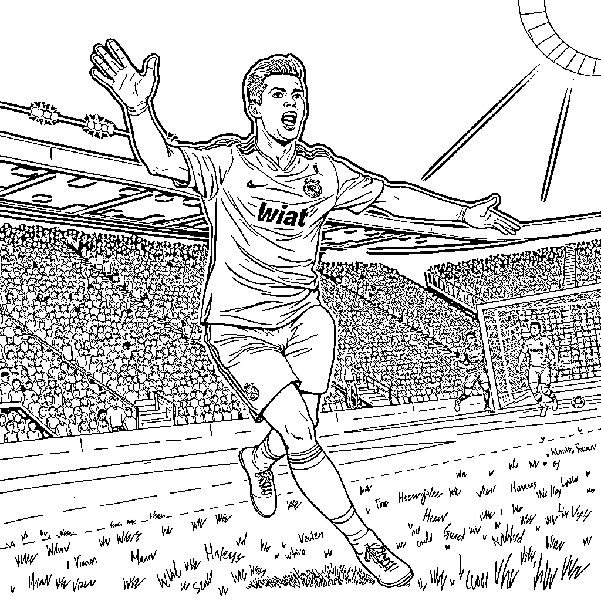 Ronaldo celebrating victory on the soccer field Coloring Page (free black-and-white line drawing printable PDF for all, from beginners to advanced learners, including children, teens, adults, and seniors)