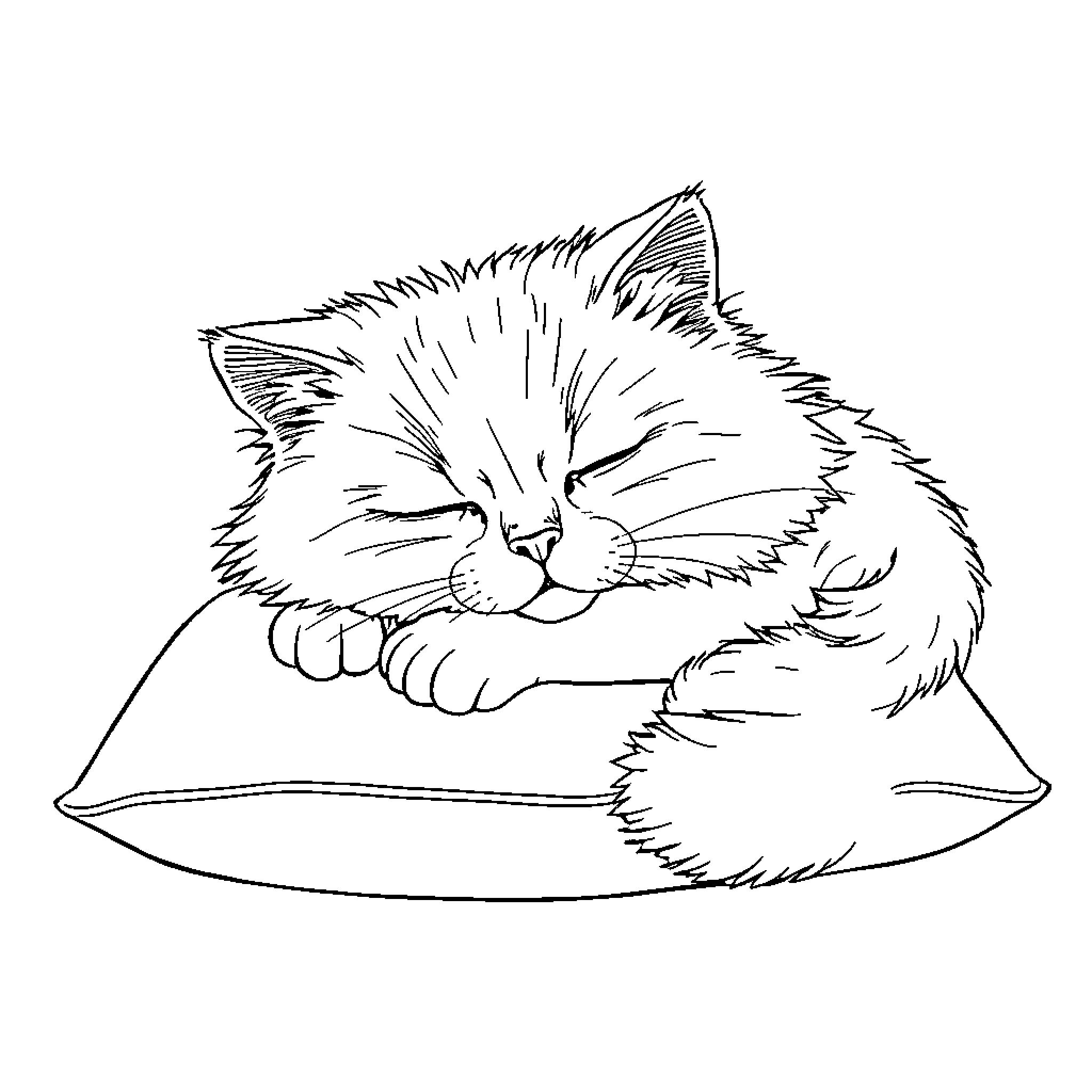 Cat napping peacefully on a soft pillow Coloring Page (free black-and-white line drawing printable PDF for all, from beginners to advanced learners, including children, teens, adults, and seniors)