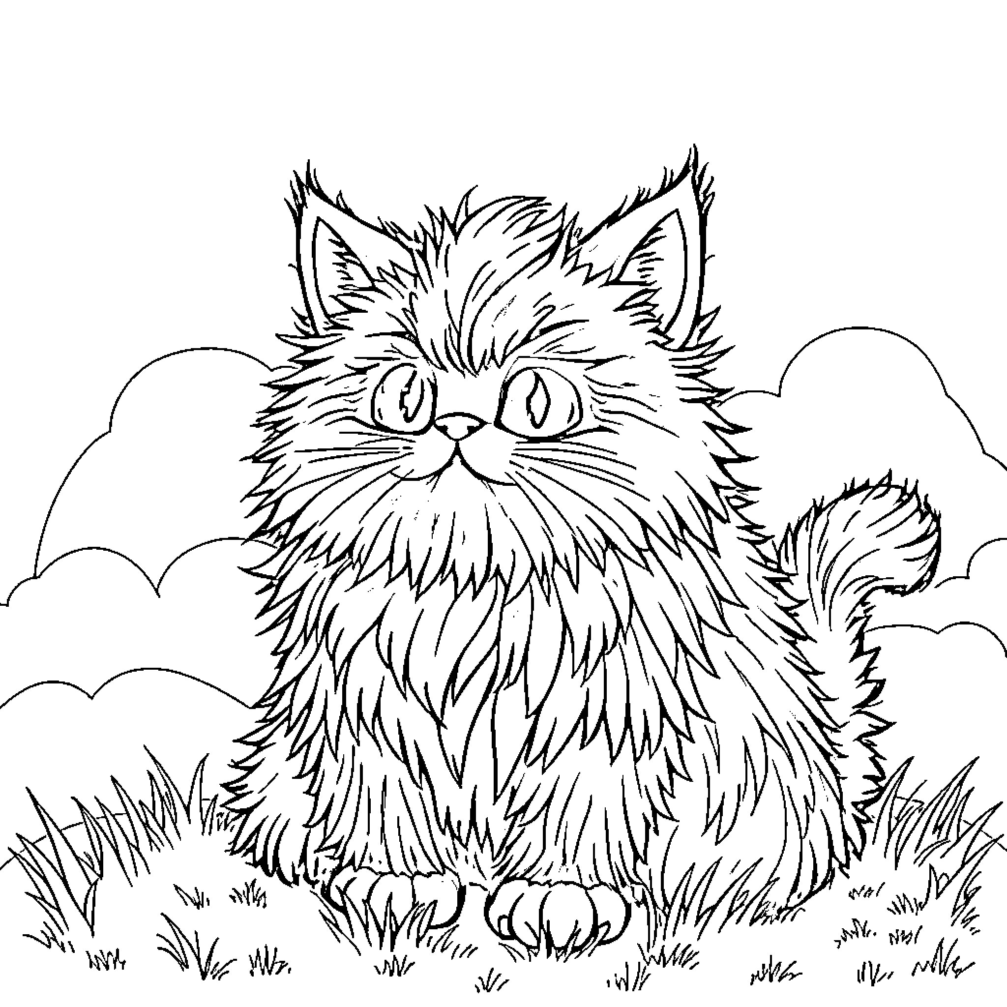 Cat in a fluffy, adorable pose in nature Coloring Page (free black-and-white line drawing printable PDF for all, from beginners to advanced learners, including children, teens, adults, and seniors)