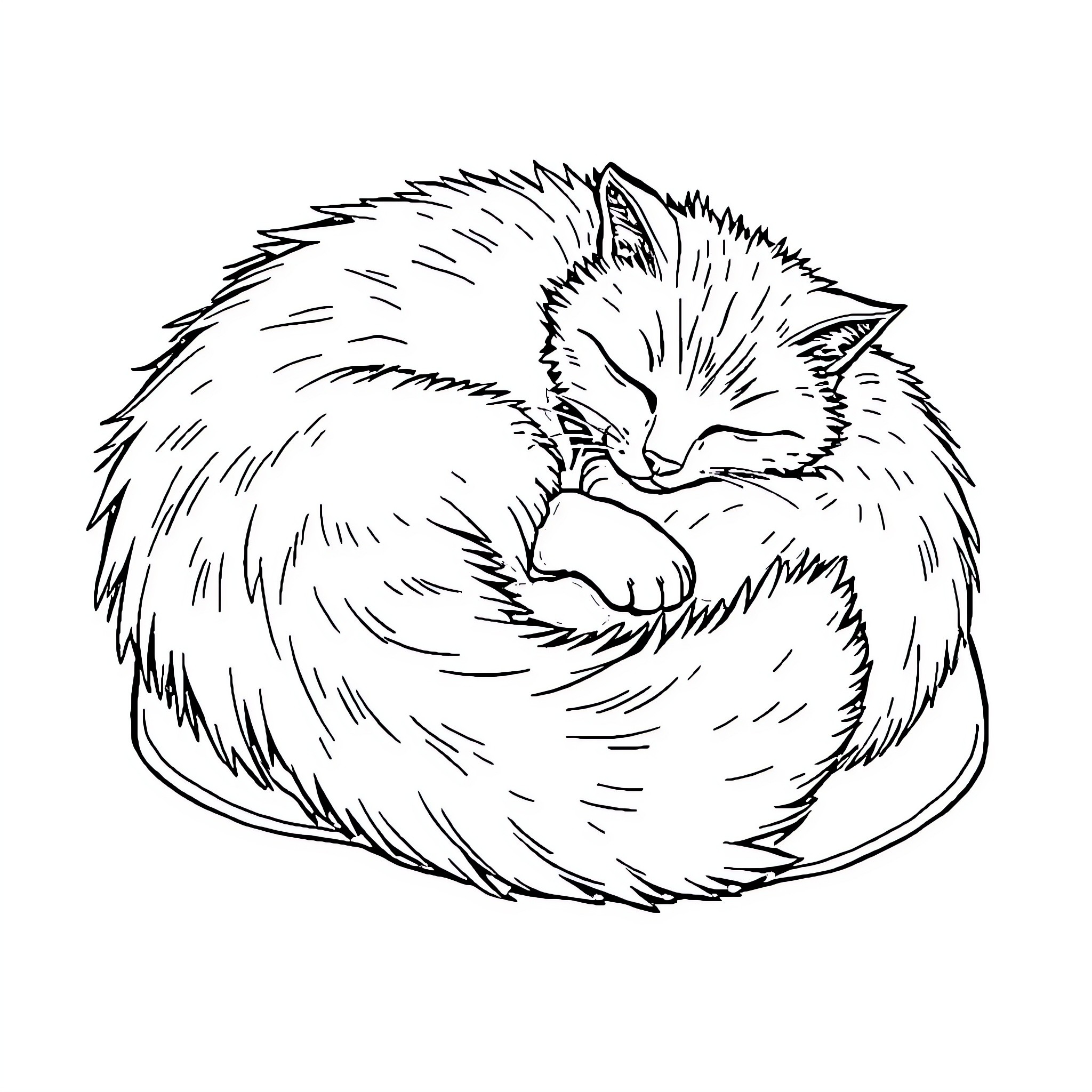 Cat curled up sleeping peacefully Coloring Page (free black-and-white line drawing printable PDF for all, from beginners to advanced learners, including children, teens, adults, and seniors)