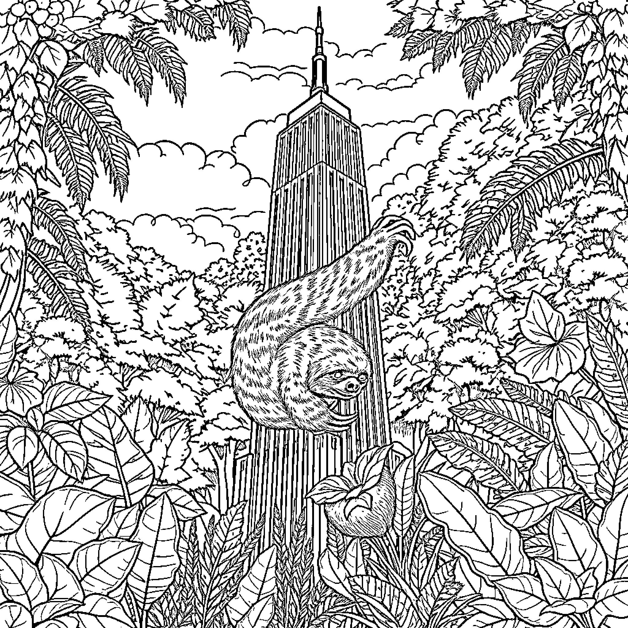 Sloth Relaxing Amid Tropical Vegetation Coloring Page (free black-and-white line drawing printable PDF for all, from beginners to advanced learners, including children, teens, adults, and seniors)