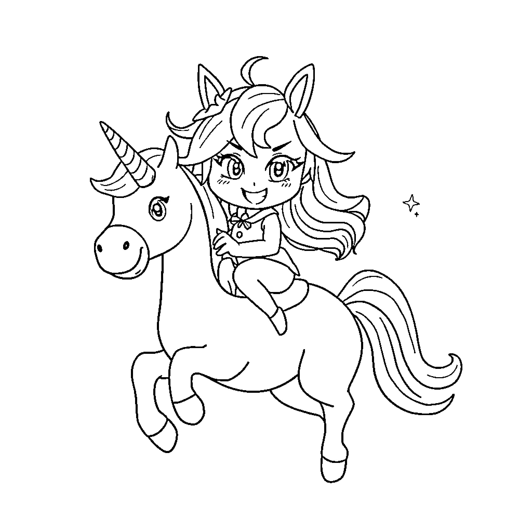 Kuromi riding a playful unicorn Coloring Page (free black-and-white line drawing printable PDF for all, from beginners to advanced learners, including children, teens, adults, and seniors)