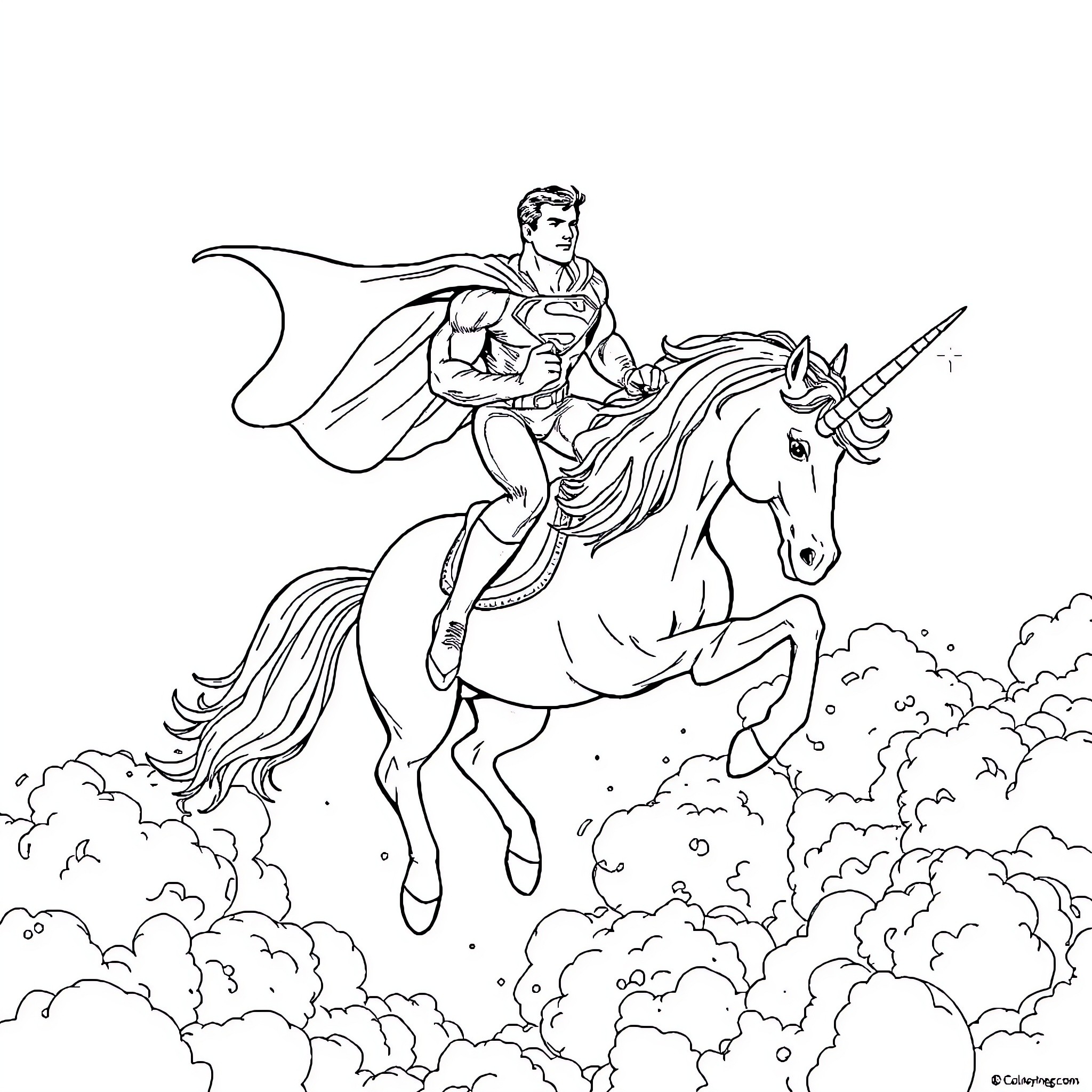 Superman riding a majestic unicorn through the clouds Coloring Page (free black-and-white line drawing printable PDF for all, from beginners to advanced learners, including children, teens, adults, and seniors)