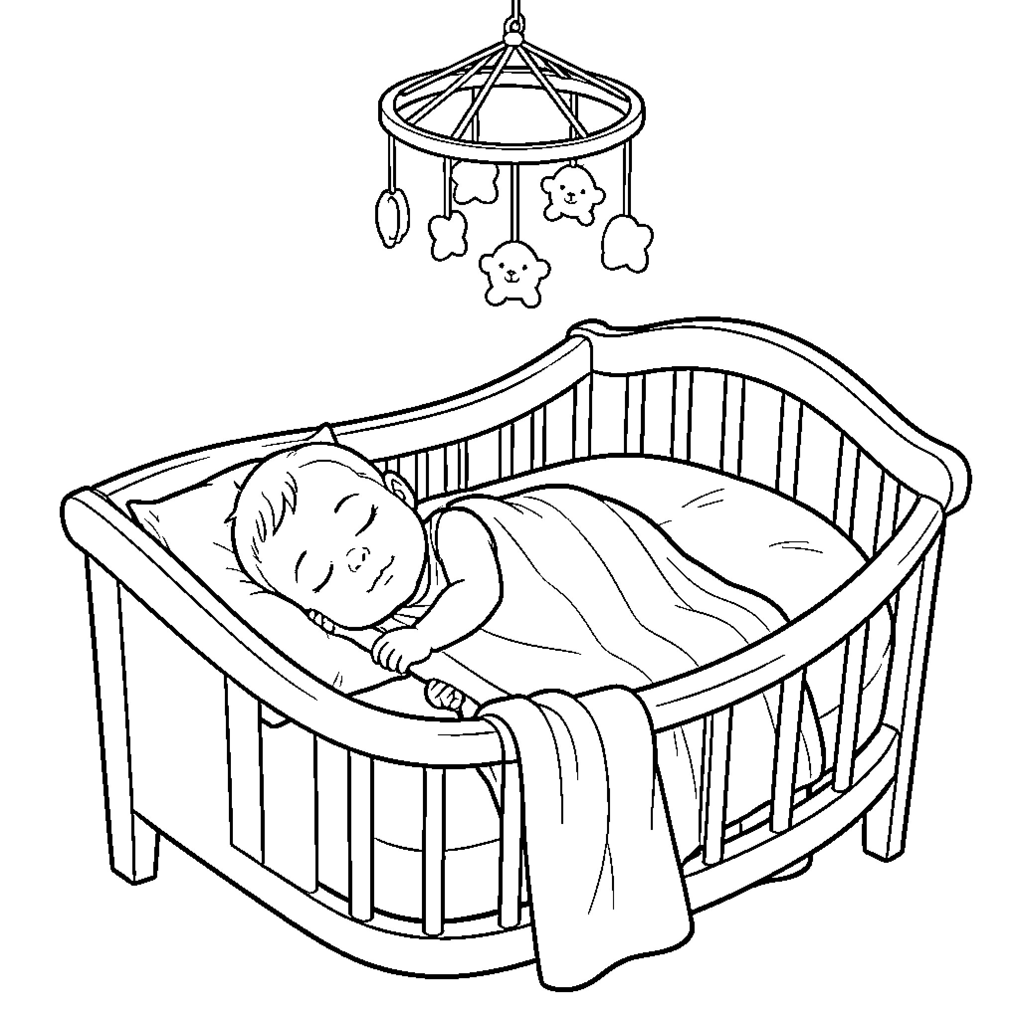 Baby sleeping peacefully in a crib with a mobile Coloring Page (free black-and-white line drawing printable PDF for all, from beginners to advanced learners, including children, teens, adults, and seniors)