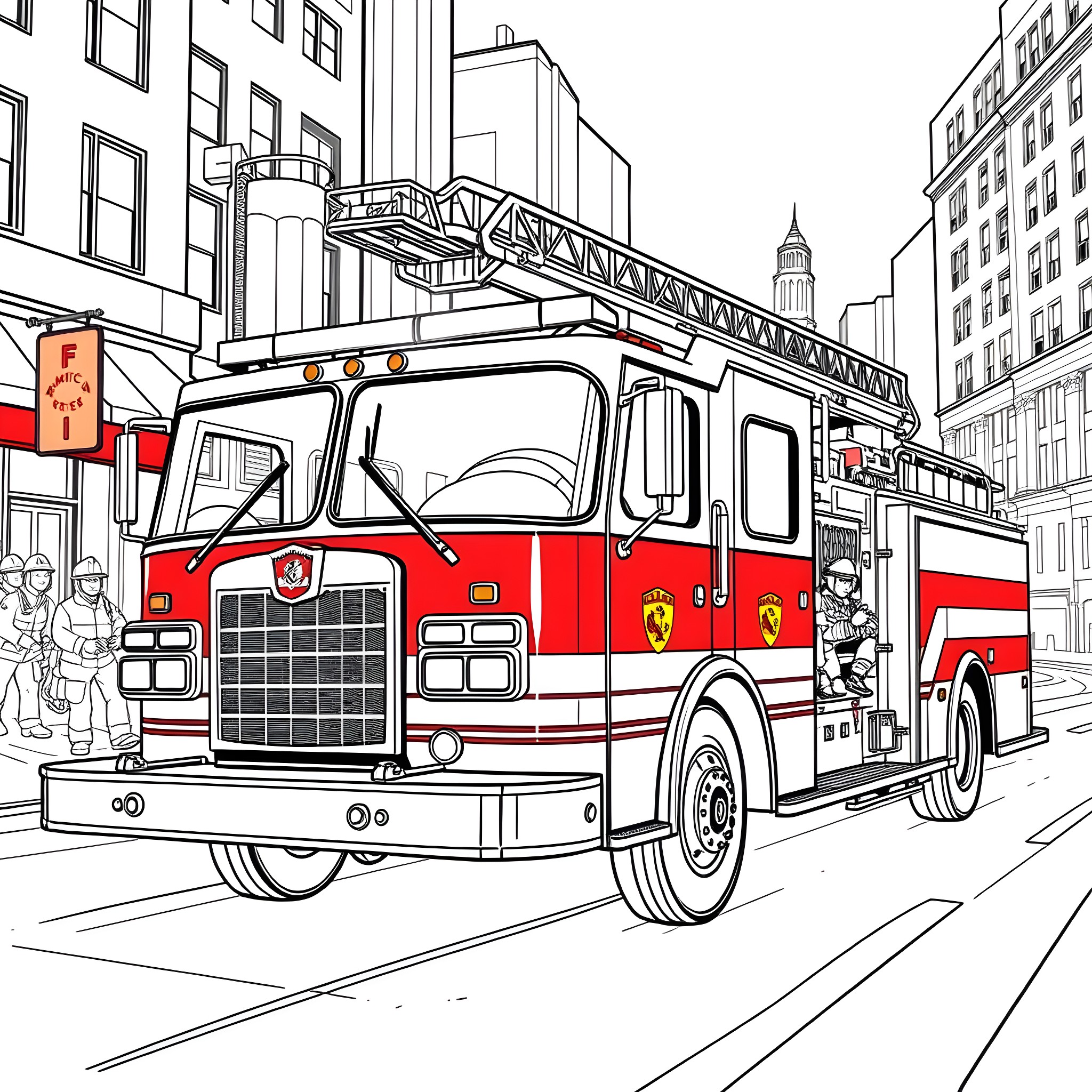 Fire Engine rushing to respond in the city Coloring Page (free black-and-white line drawing printable PDF for all, from beginners to advanced learners, including children, teens, adults, and seniors)