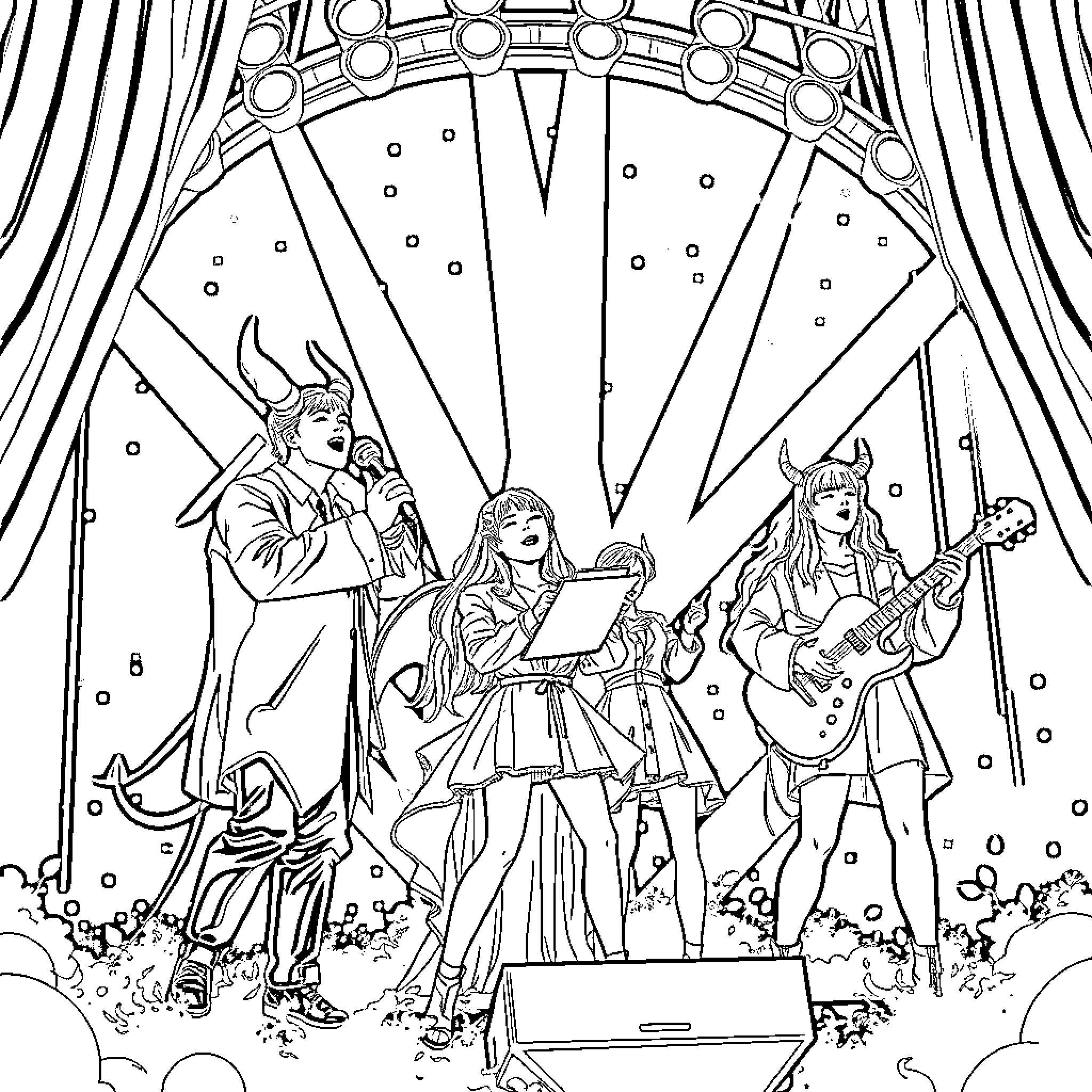 Kpop Demon Hunter Performing on Stage with Bandmates Coloring Page (free black-and-white line drawing printable PDF for all, from beginners to advanced learners, including children, teens, adults, and seniors)