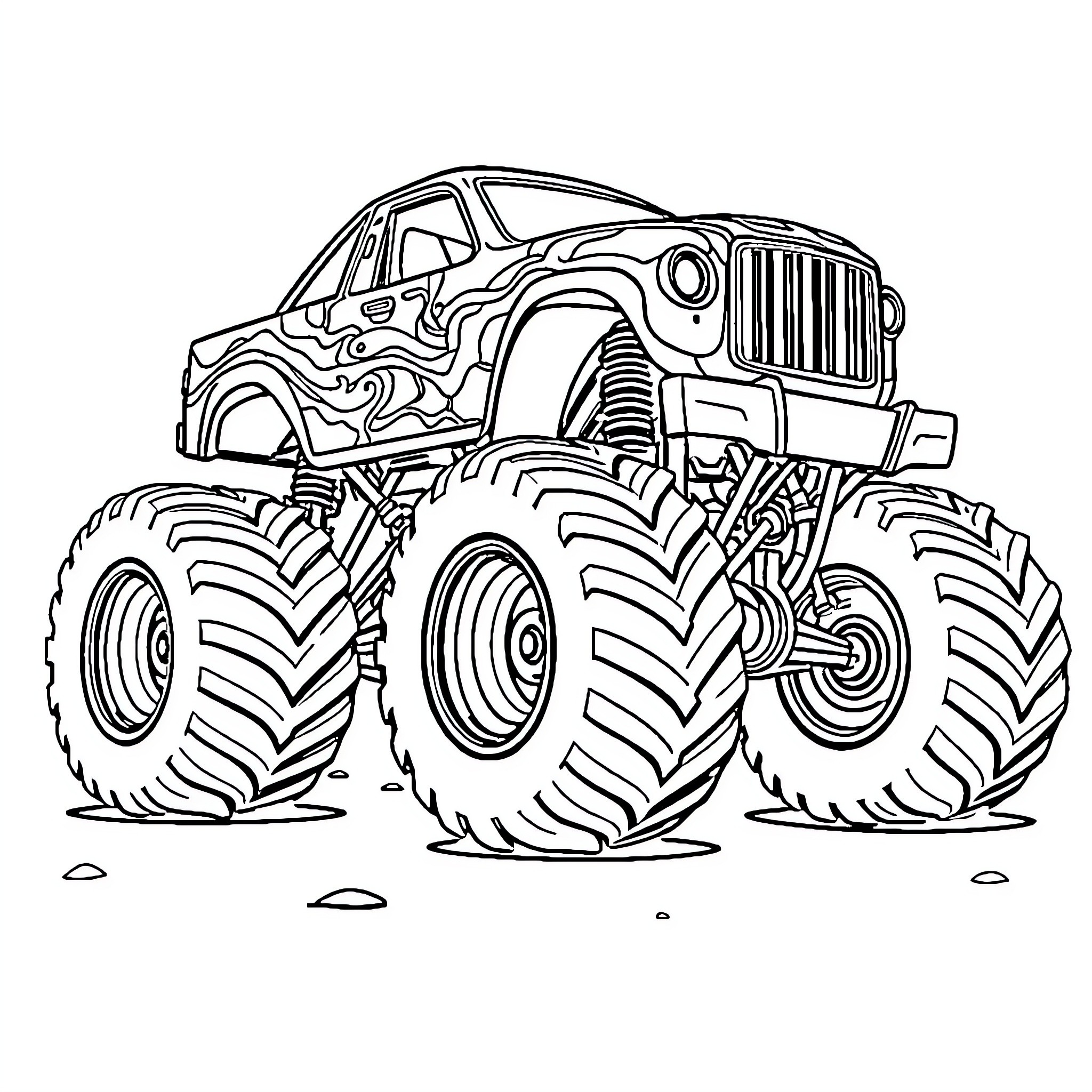 Monster Truck Crushing Obstacles on the Off-Road Coloring Page (free black-and-white line drawing printable PDF for all, from beginners to advanced learners, including children, teens, adults, and seniors)