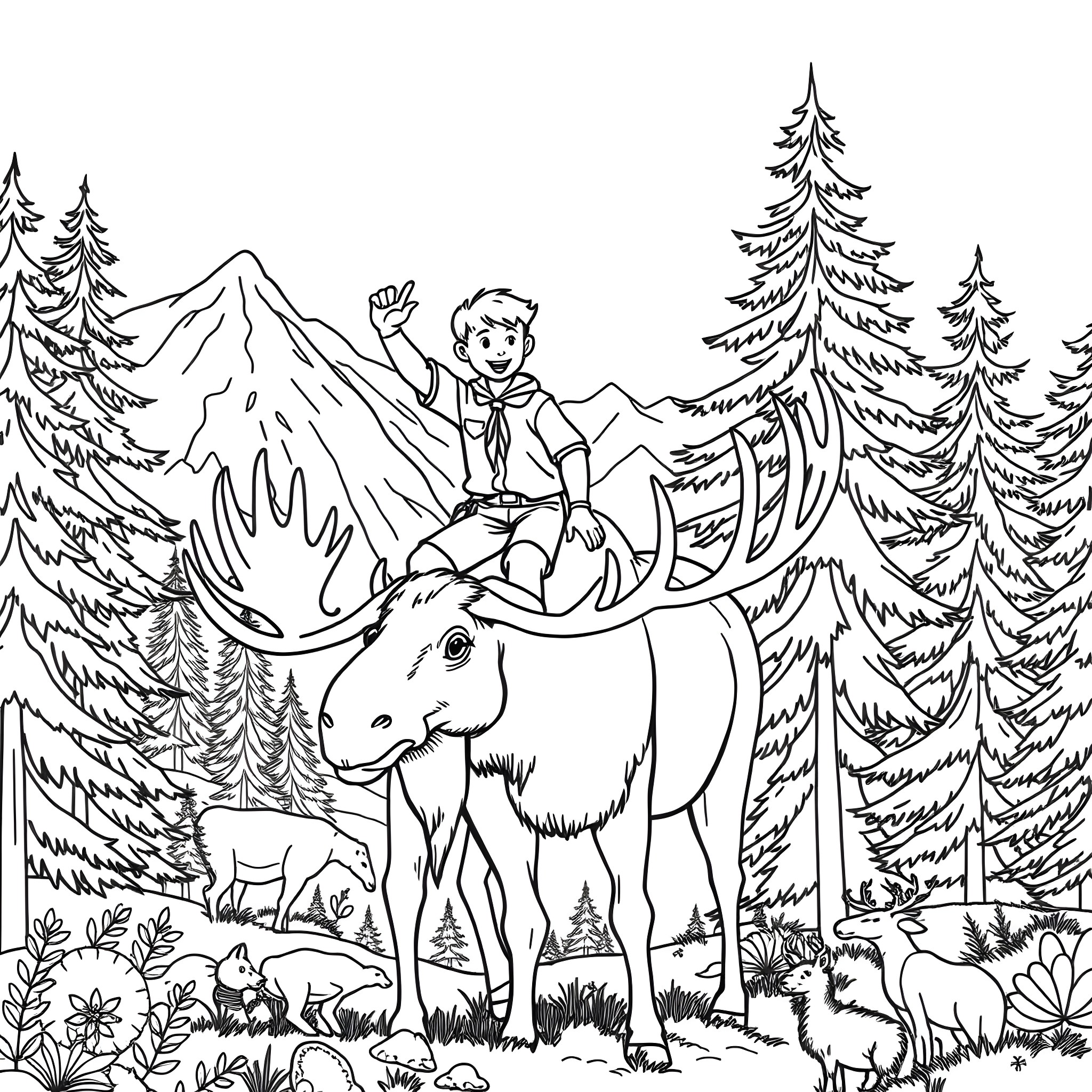 Boyscout riding a reindeer in the snowy forest Coloring Page (free black-and-white line drawing printable PDF for all, from beginners to advanced learners, including children, teens, adults, and seniors)