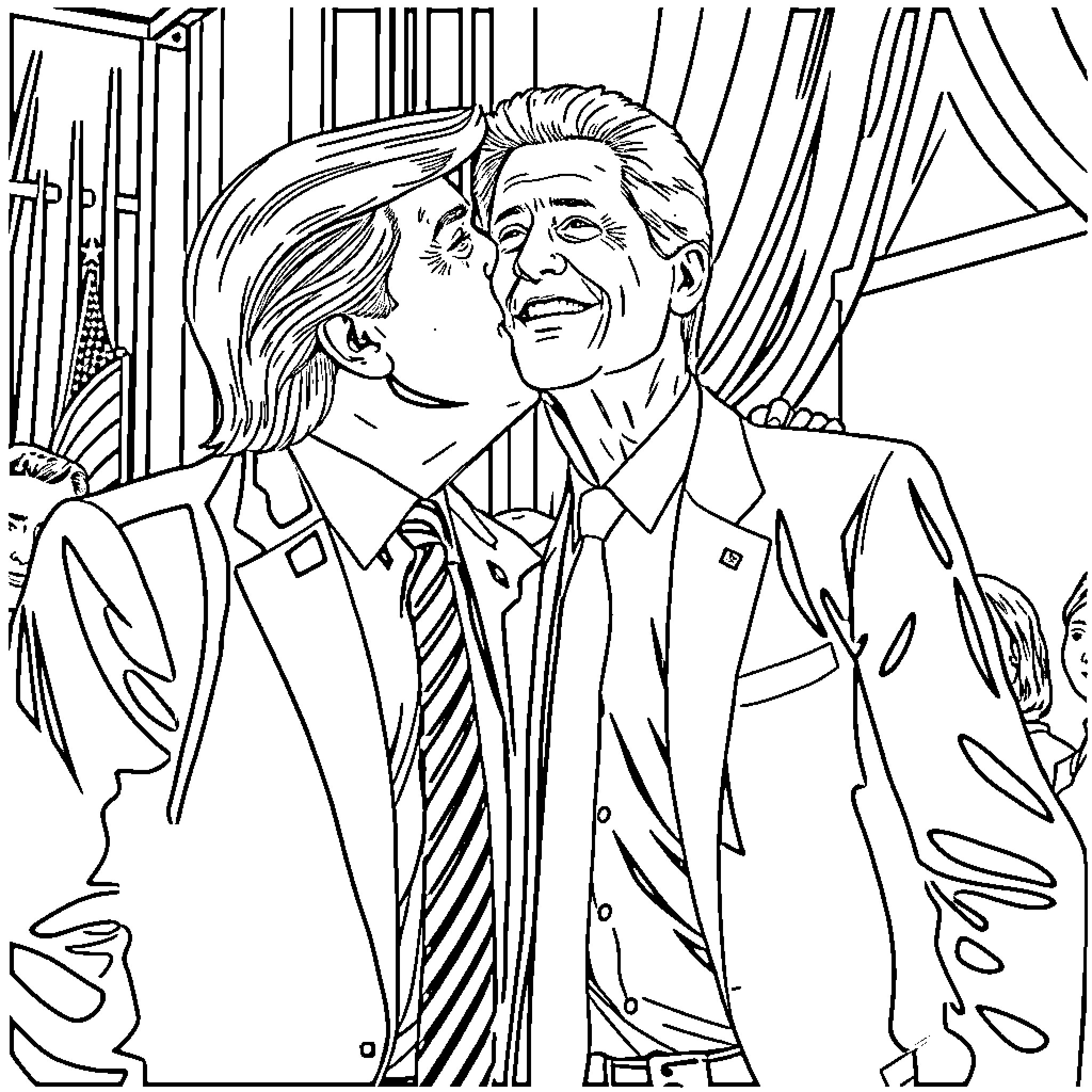 Donald Trump and a woman in a formal setting Coloring Page (free black-and-white line drawing printable PDF for all, from beginners to advanced learners, including children, teens, adults, and seniors)