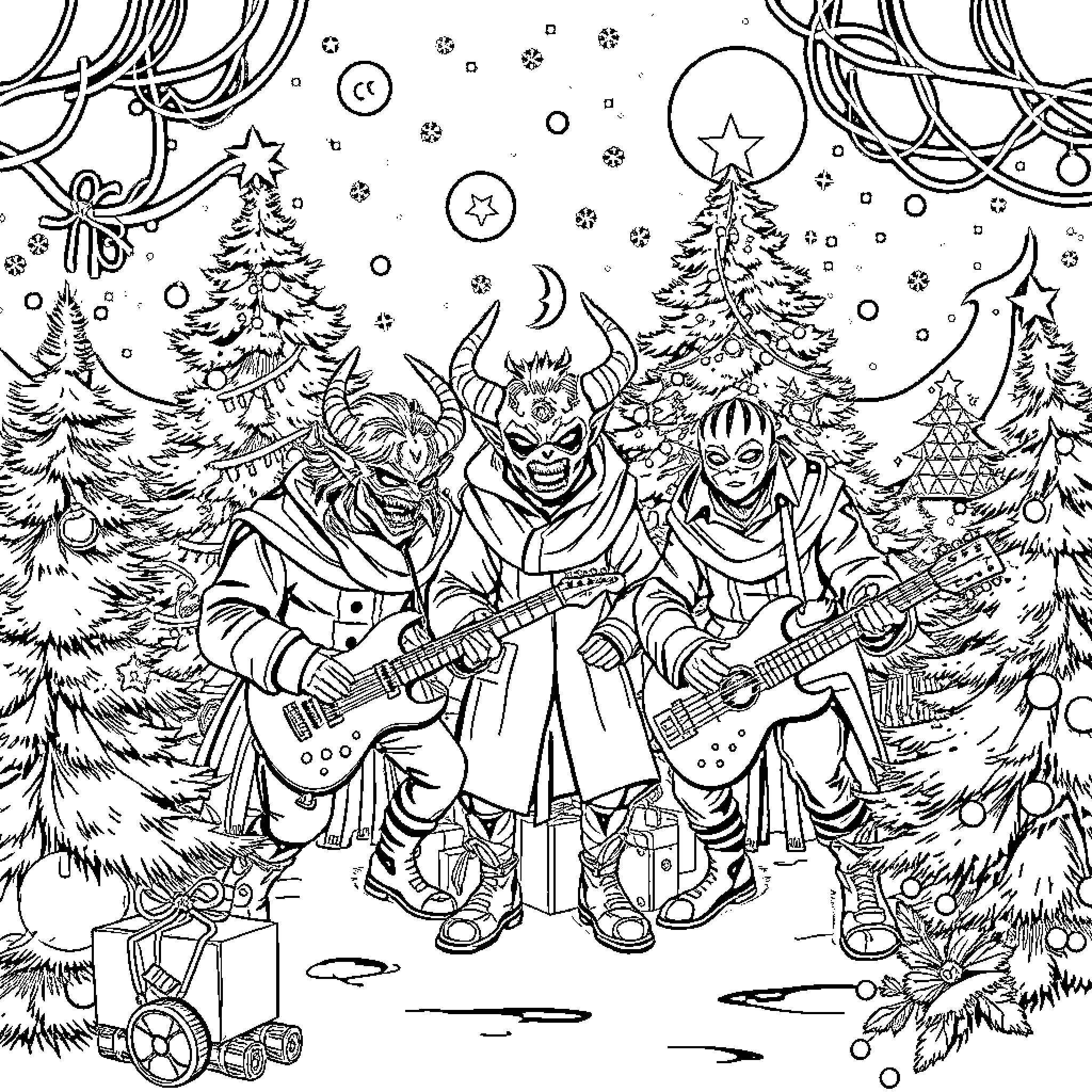 Demon Hunter Trio Rocking Out in Snowy Forest Coloring Page (free black-and-white line drawing printable PDF for all, from beginners to advanced learners, including children, teens, adults, and seniors)