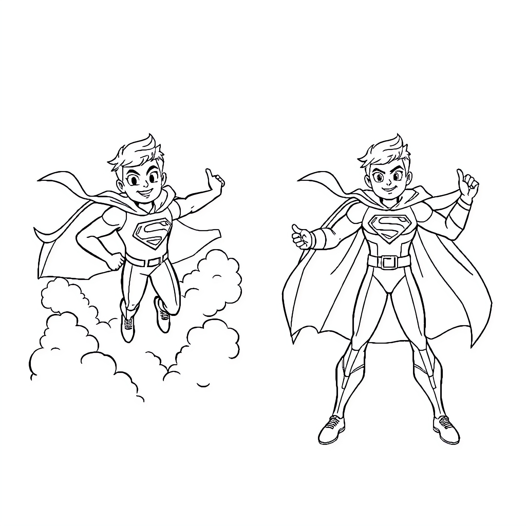 Superhero in action poses and costumes Coloring Page (free black-and-white line drawing printable PDF for all, from beginners to advanced learners, including children, teens, adults, and seniors)