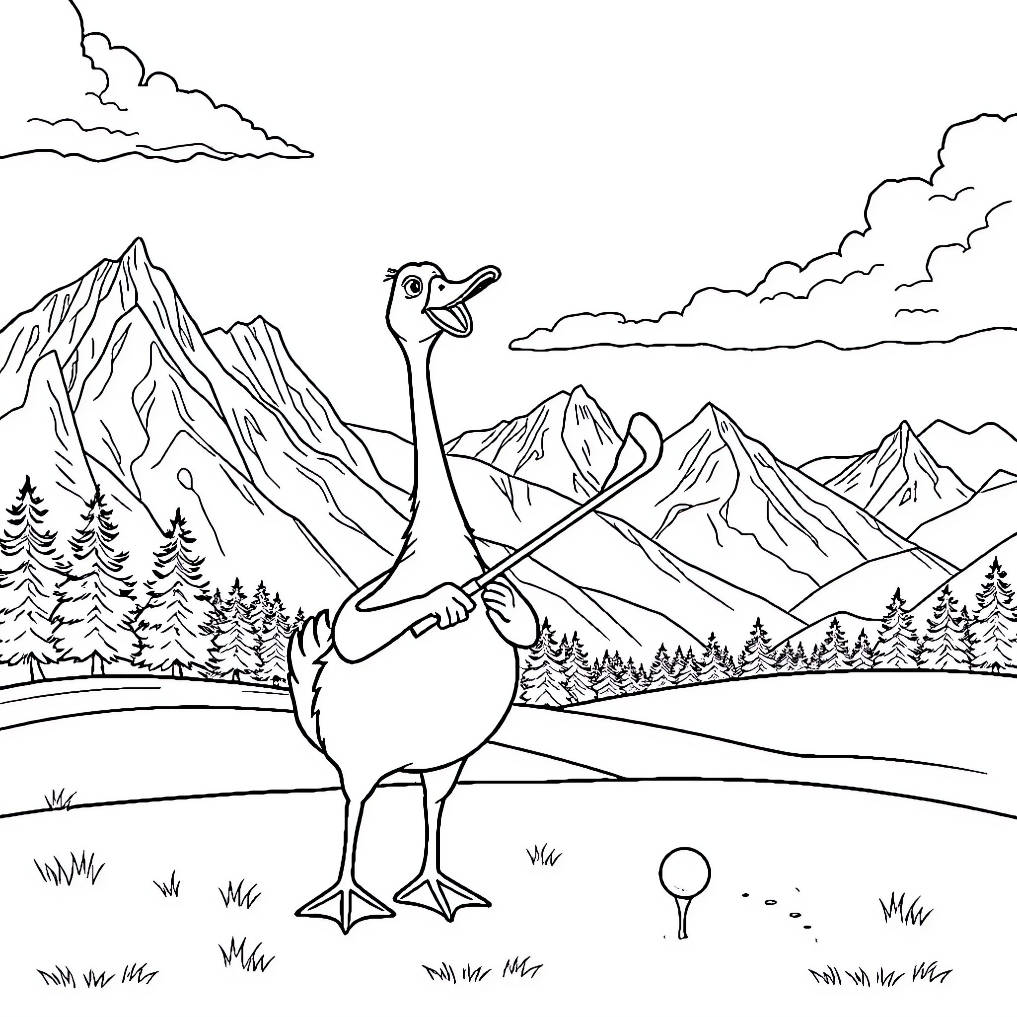 Goose playing golf in the mountainous landscape Coloring Page (free black-and-white line drawing printable PDF for all, from beginners to advanced learners, including children, teens, adults, and seniors)
