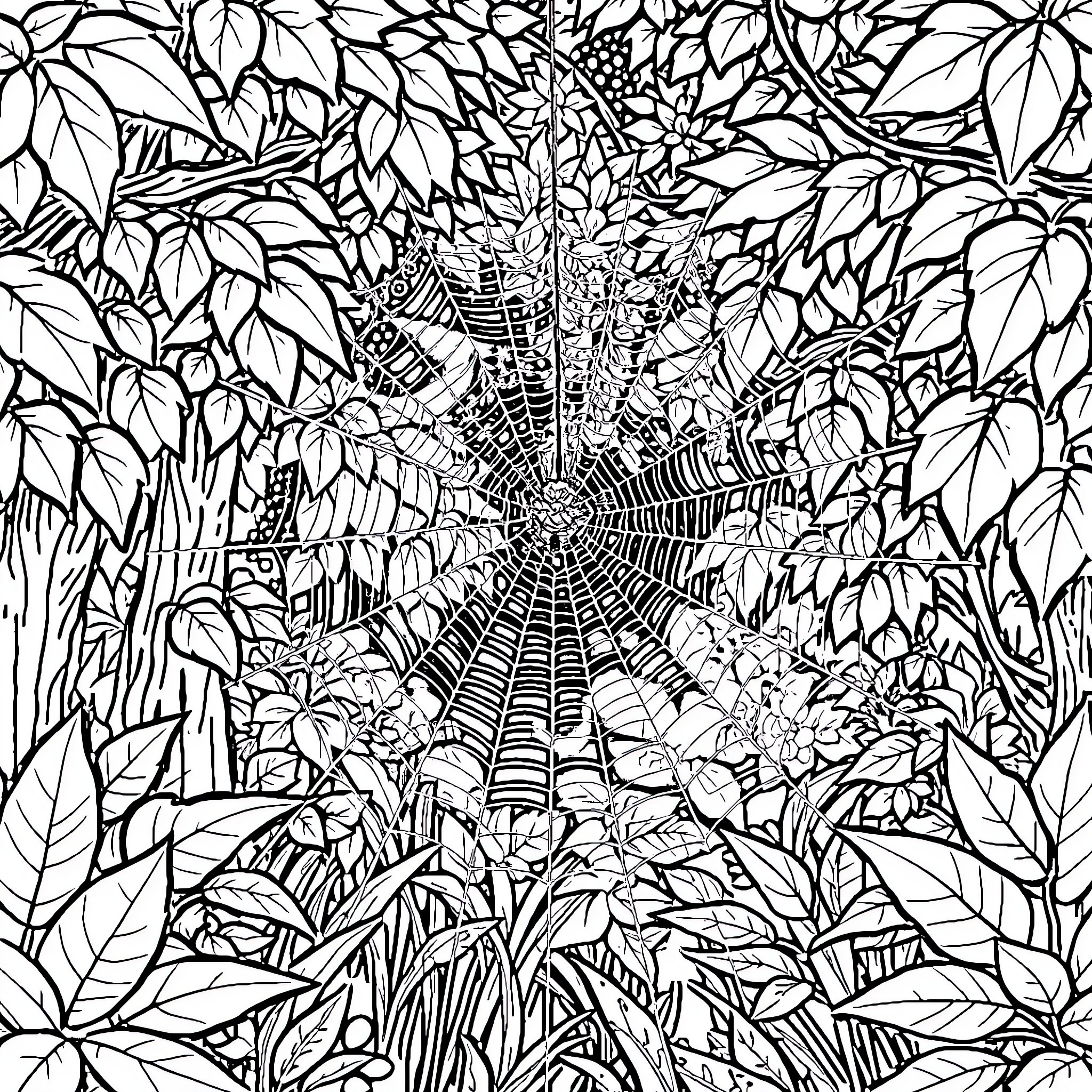 Spider's intricate web in the lush forest Coloring Page (free black-and-white line drawing printable PDF for all, from beginners to advanced learners, including children, teens, adults, and seniors)
