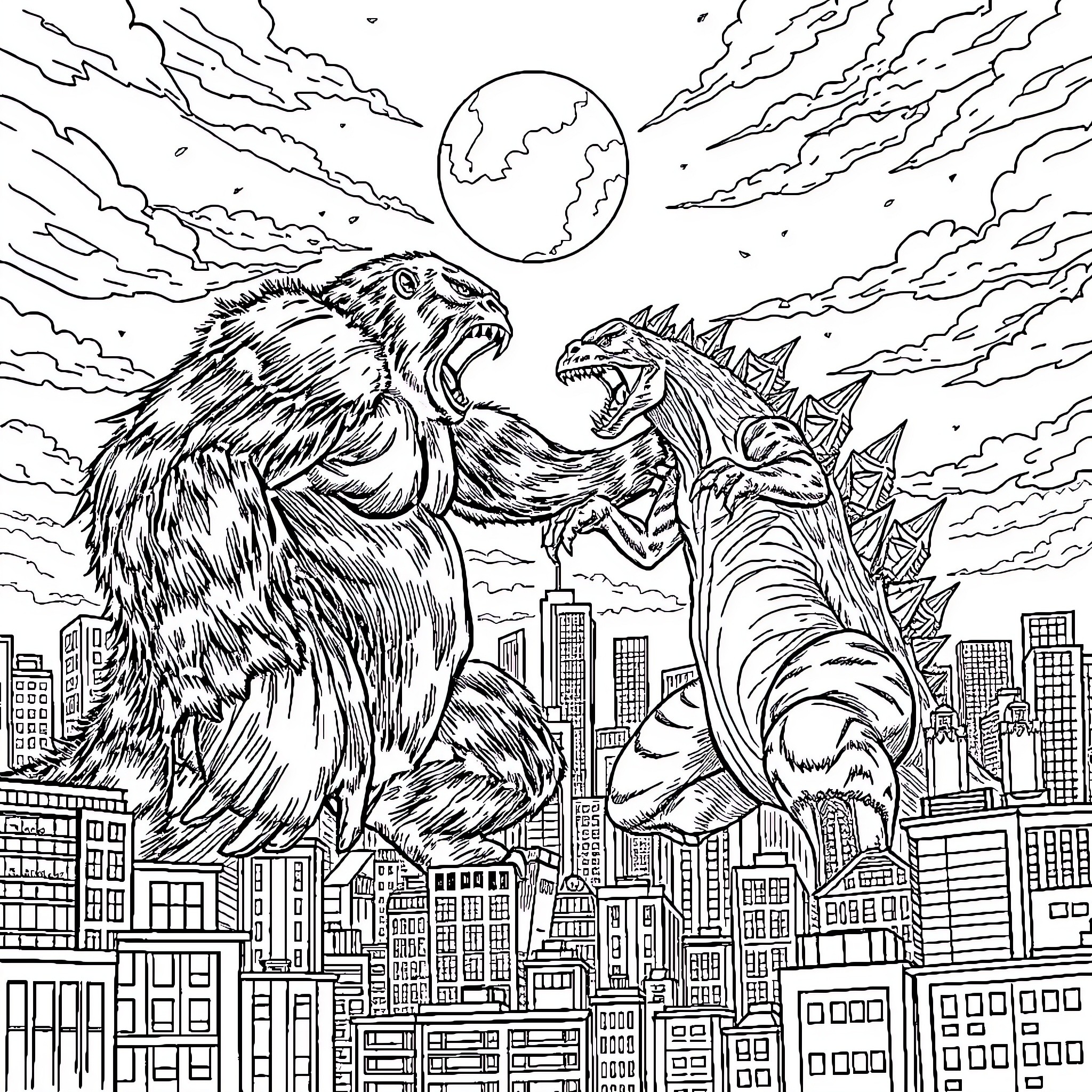 King Kong vs. Godzilla in epic city battle Coloring Page (free black-and-white line drawing printable PDF for all, from beginners to advanced learners, including children, teens, adults, and seniors)