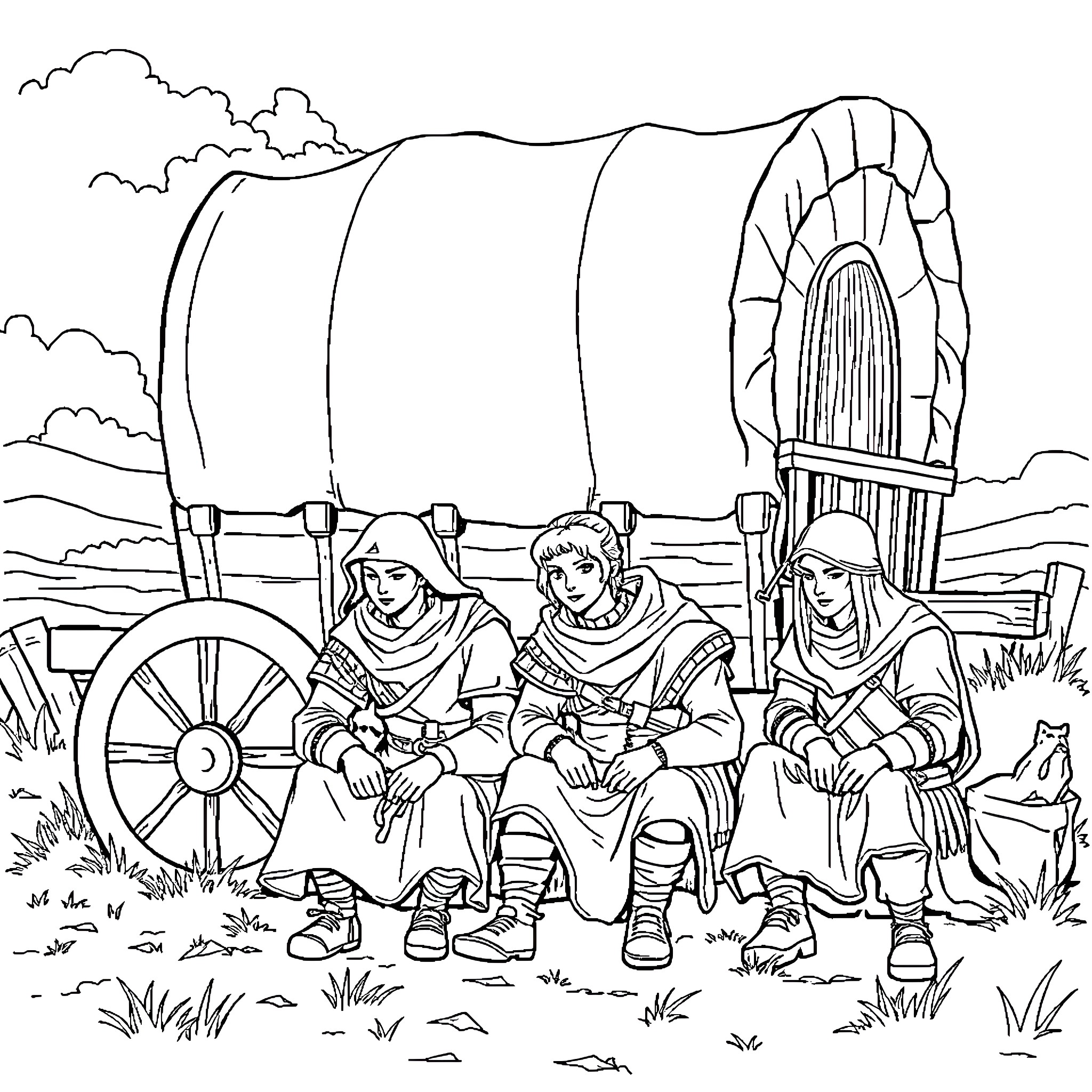 D&D Character Travelers in a Wagon on the Road Coloring Page (free black-and-white line drawing printable PDF for all, from beginners to advanced learners, including children, teens, adults, and seniors)