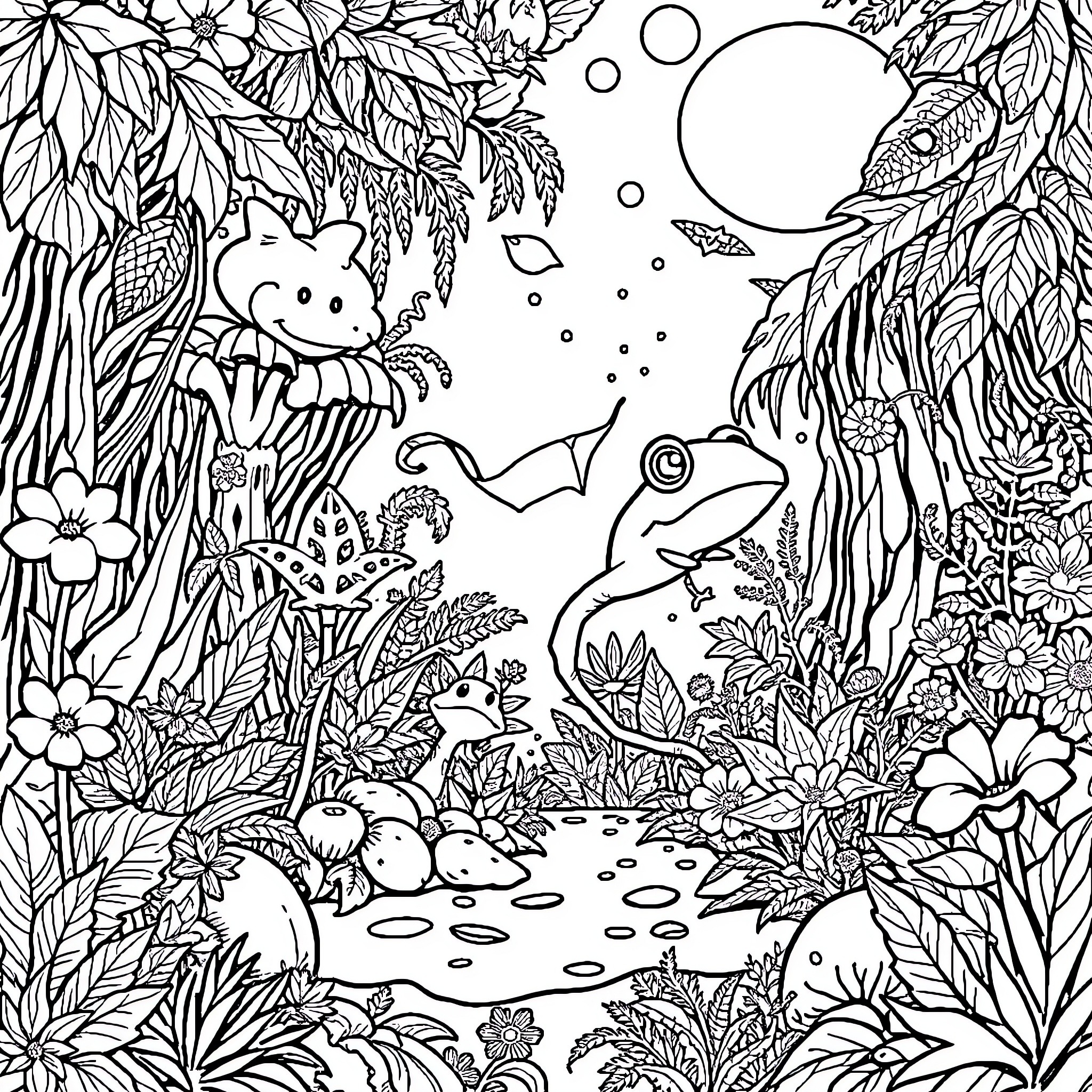 Amphibia: Whimsical Creatures in a Lush Botanical Realm Coloring Page (free black-and-white line drawing printable PDF for all, from beginners to advanced learners, including children, teens, adults, and seniors)