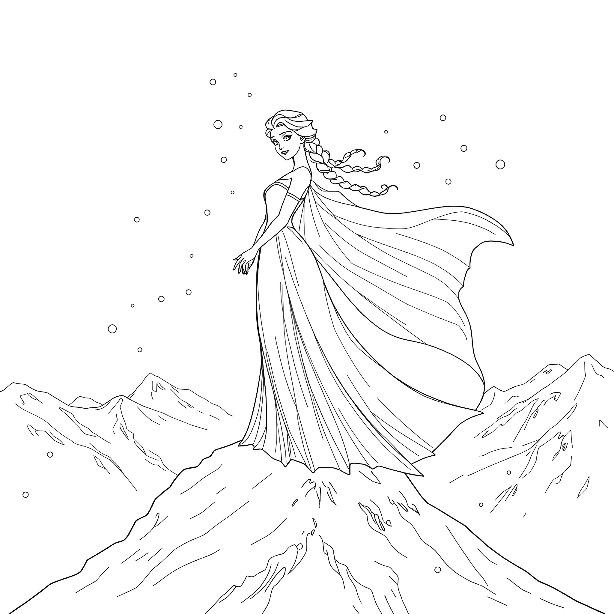Elsa's Snowy Enchantment Coloring Page (free black-and-white line drawing printable PDF for all, from beginners to advanced learners, including children, teens, adults, and seniors)