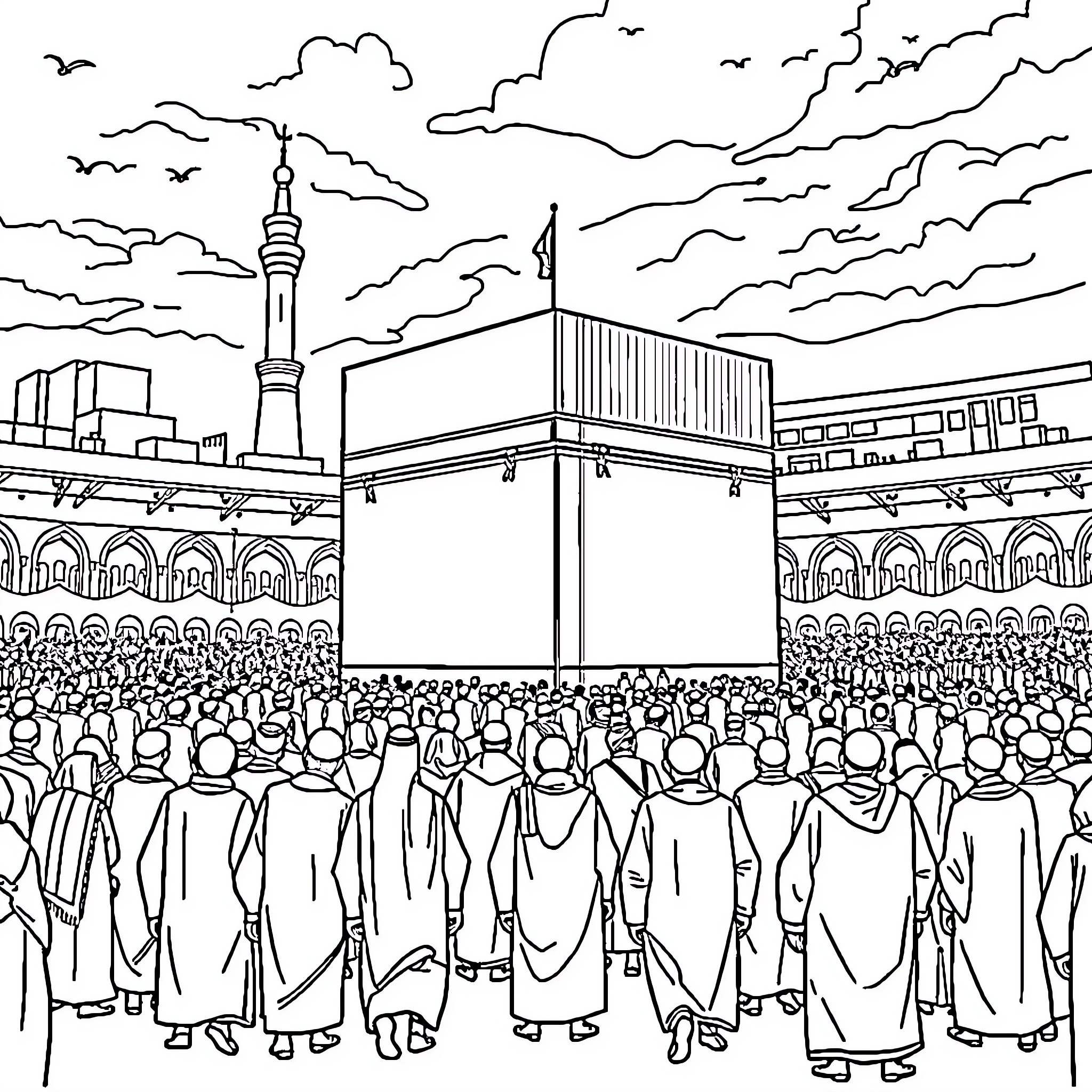 Pilgrim devotees at holy site observing religious ceremony Coloring Page (free black-and-white line drawing printable PDF for all, from beginners to advanced learners, including children, teens, adults, and seniors)