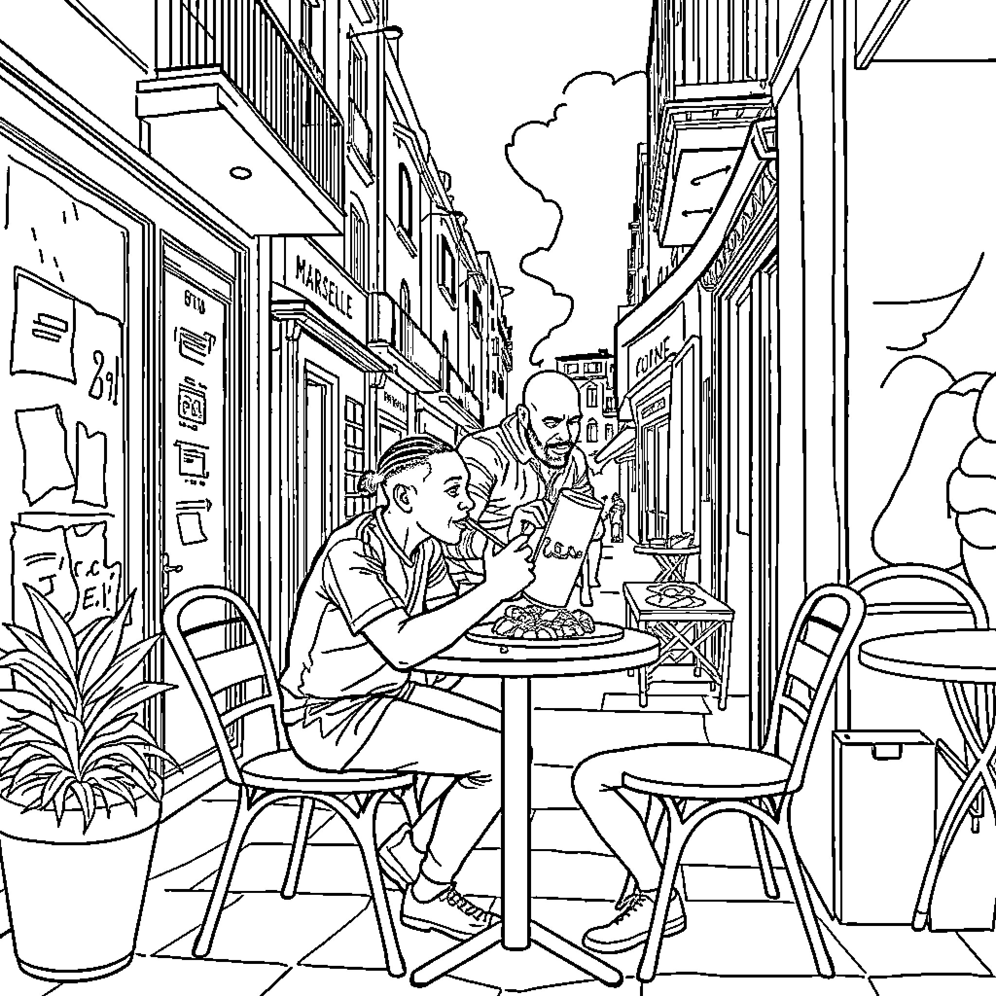 Mbappe enjoying a meal in a charming alley Coloring Page (free black-and-white line drawing printable PDF for all, from beginners to advanced learners, including children, teens, adults, and seniors)