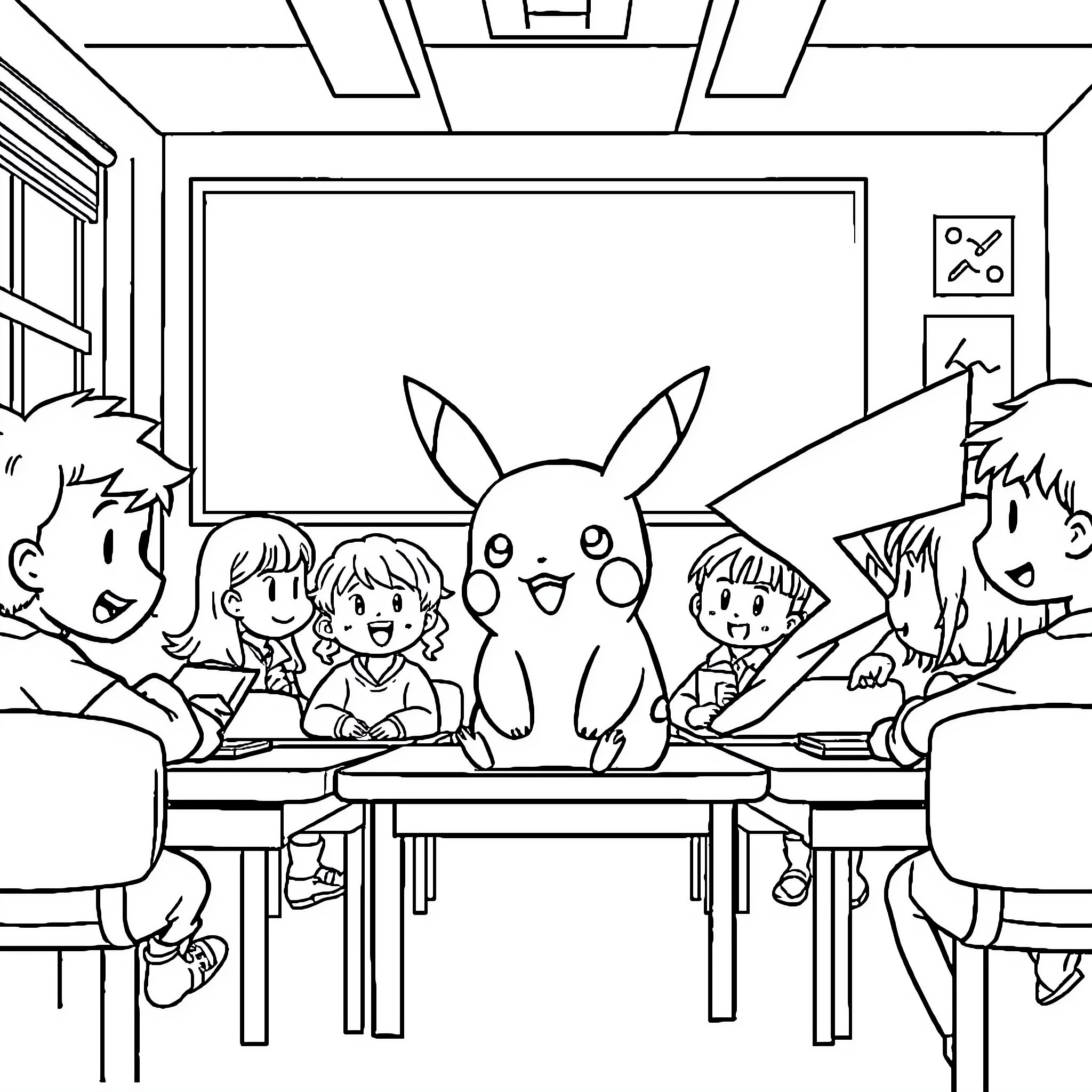 Pikachu interacting with children in the classroom Coloring Page (free black-and-white line drawing printable PDF for all, from beginners to advanced learners, including children, teens, adults, and seniors)