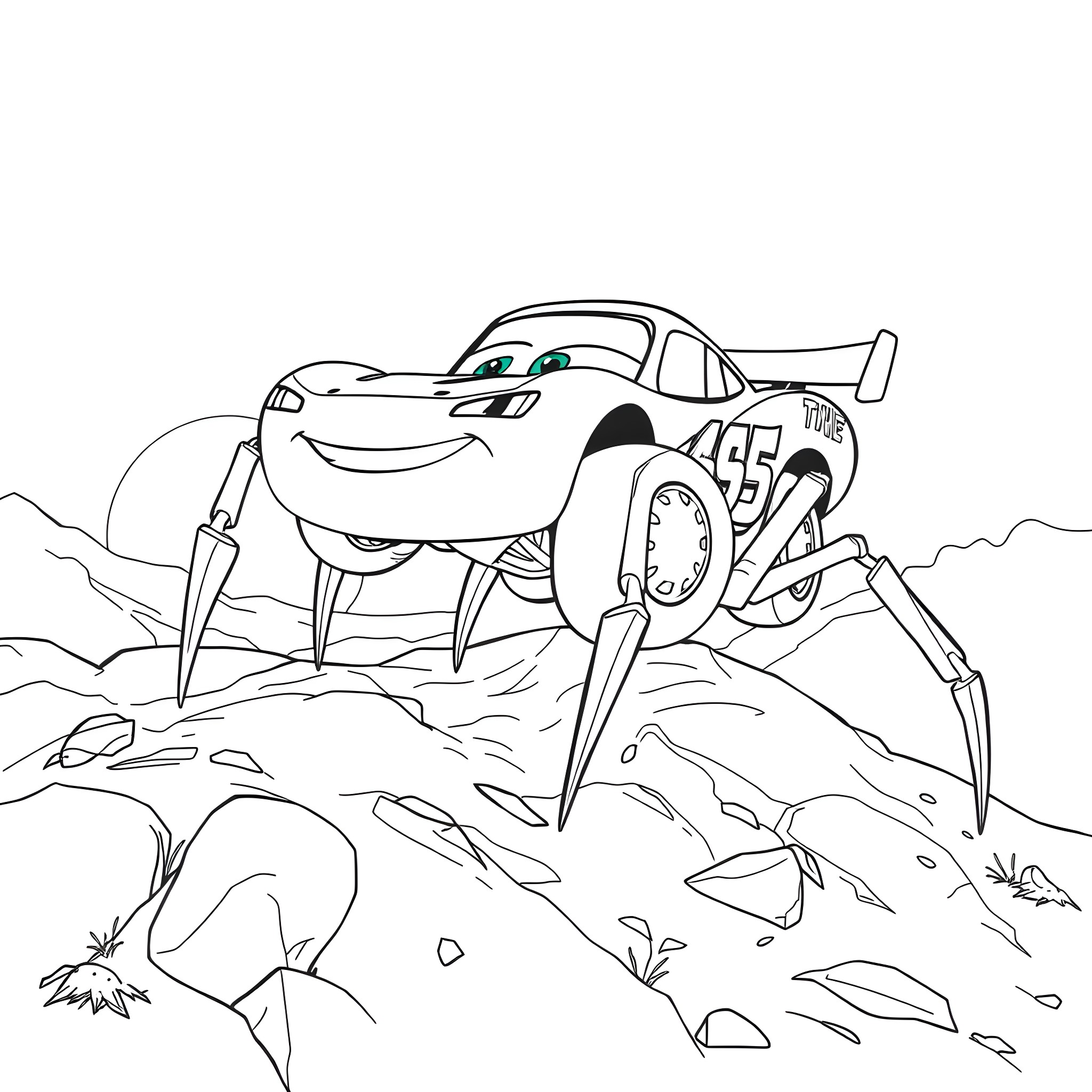 Lightning McQueen exploring the rugged terrain Coloring Page (free black-and-white line drawing printable PDF for all, from beginners to advanced learners, including children, teens, adults, and seniors)