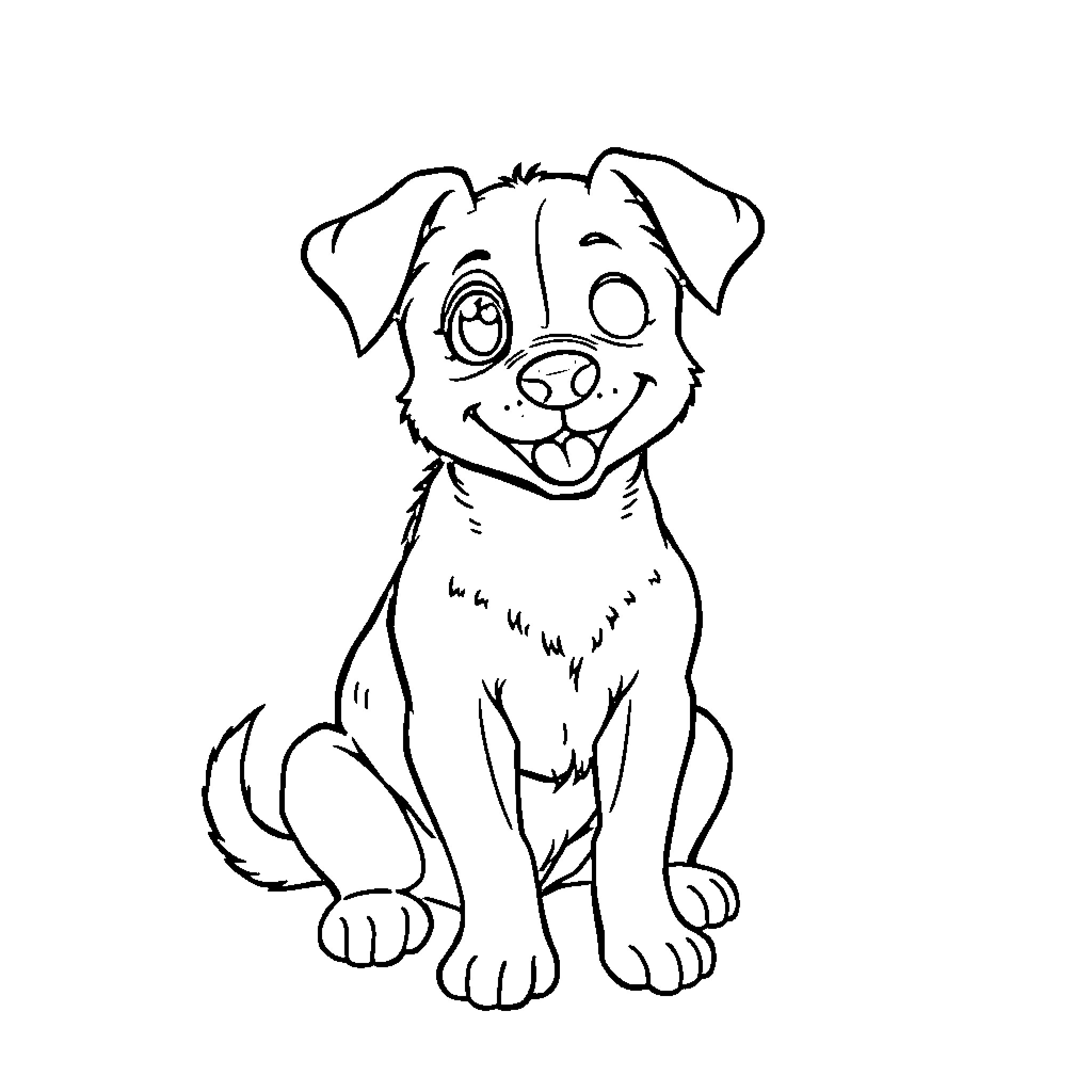 Dog happily smiling in simple outline Coloring Page (free black-and-white line drawing printable PDF for all, from beginners to advanced learners, including children, teens, adults, and seniors)