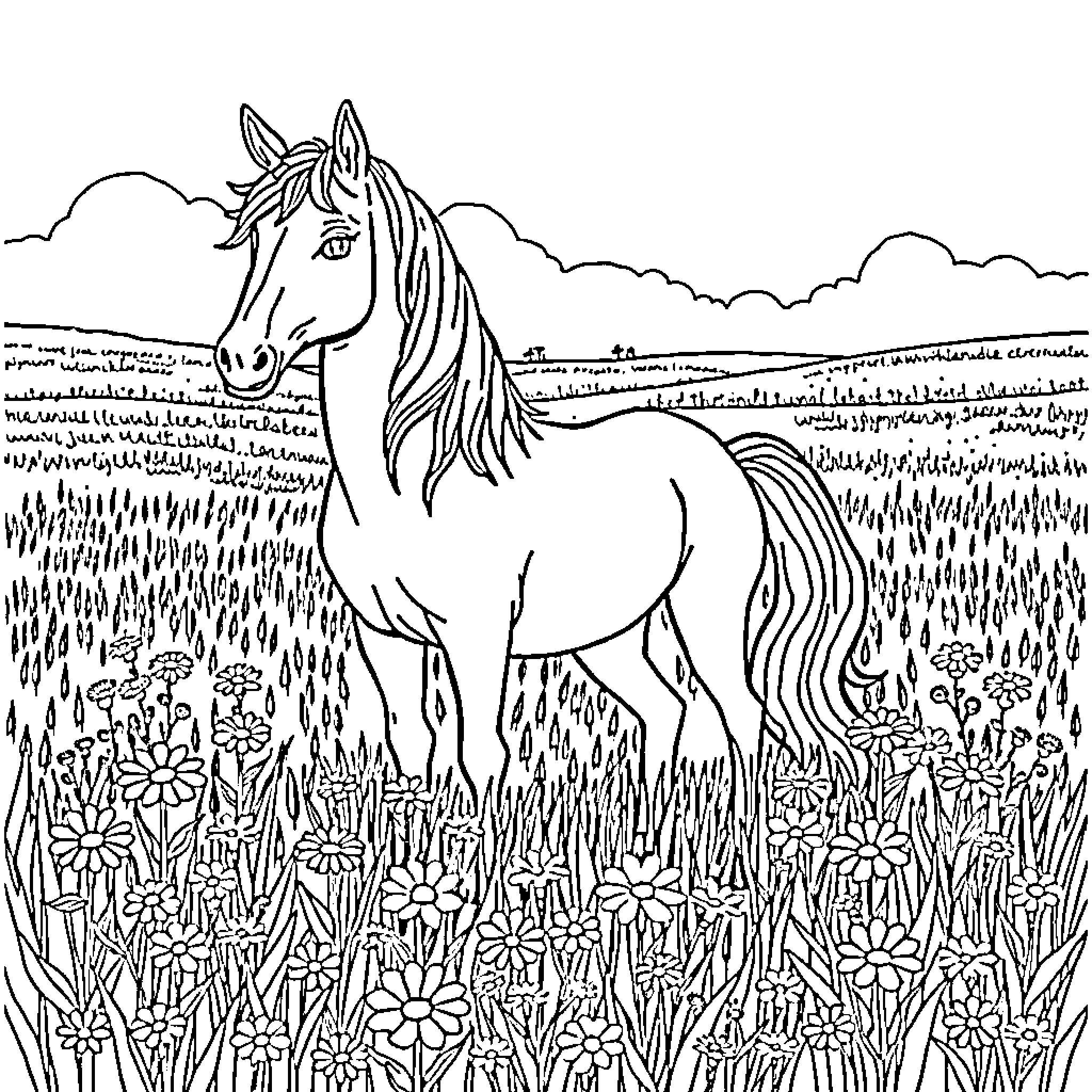 Unicorn standing proudly in a meadow of flowers Coloring Page (free black-and-white line drawing printable PDF for all, from beginners to advanced learners, including children, teens, adults, and seniors)