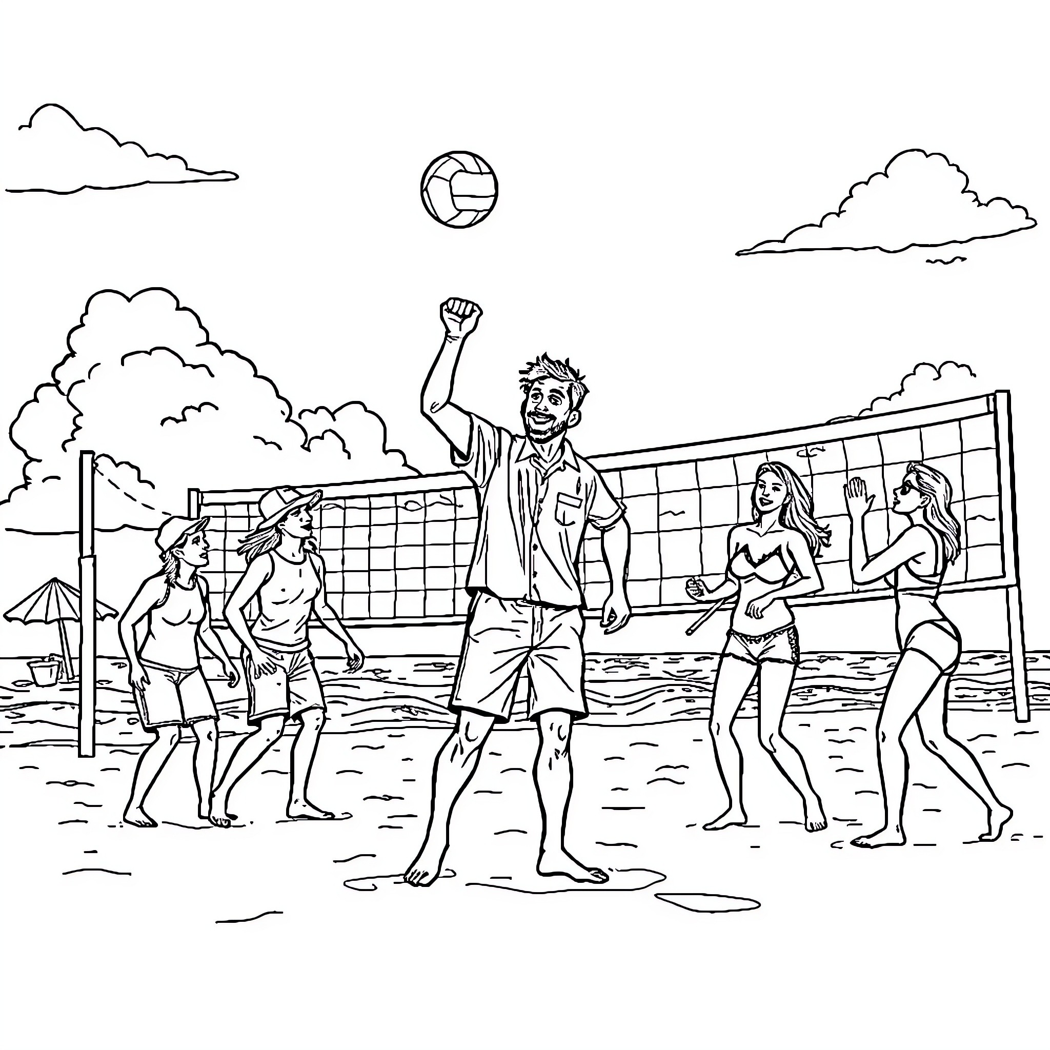 City Manager Leads Beachside Volleyball Game Coloring Page (free black-and-white line drawing printable PDF for all, from beginners to advanced learners, including children, teens, adults, and seniors)