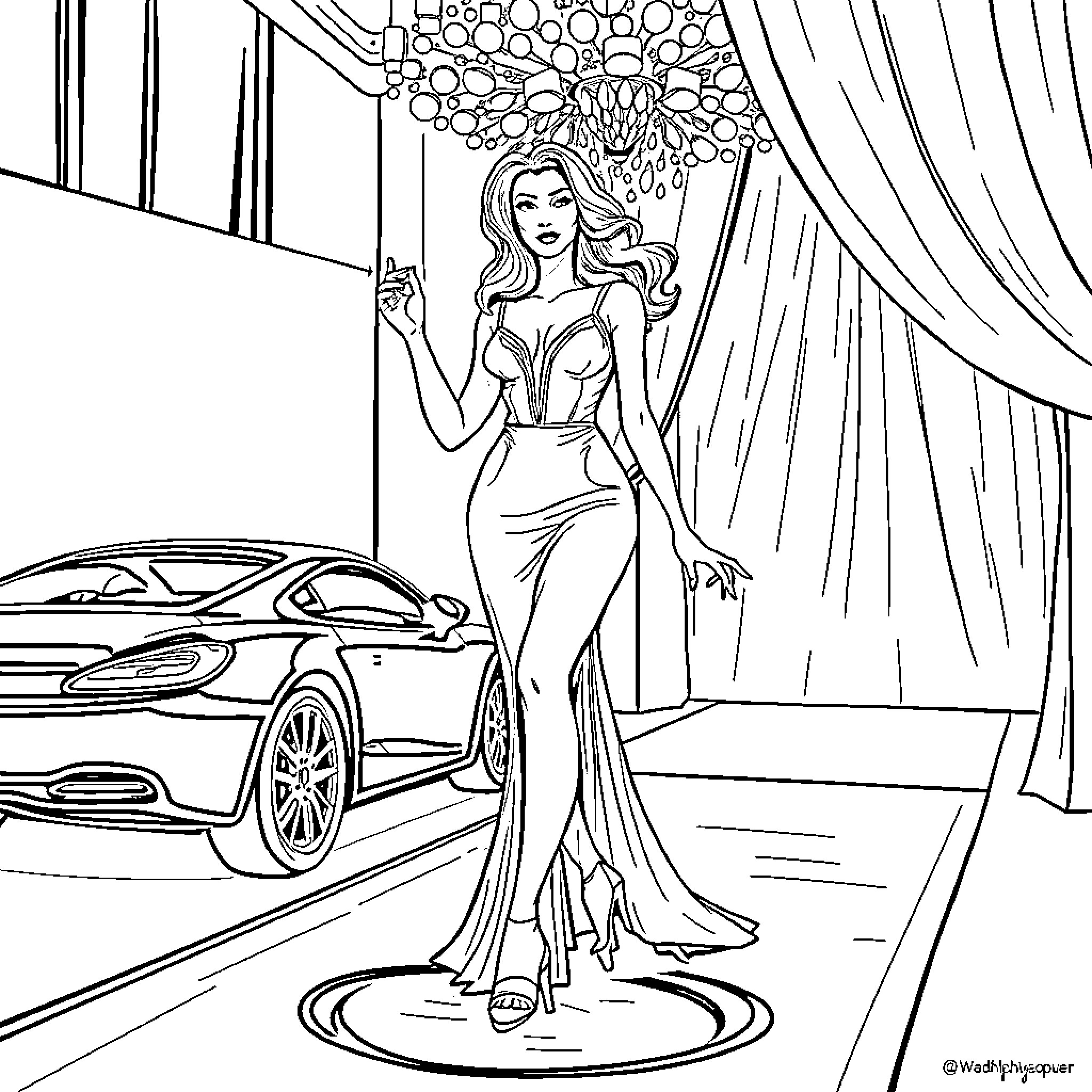 Stephanie Vaquer's glamorous evening with luxury car Coloring Page (free black-and-white line drawing printable PDF for all, from beginners to advanced learners, including children, teens, adults, and seniors)
