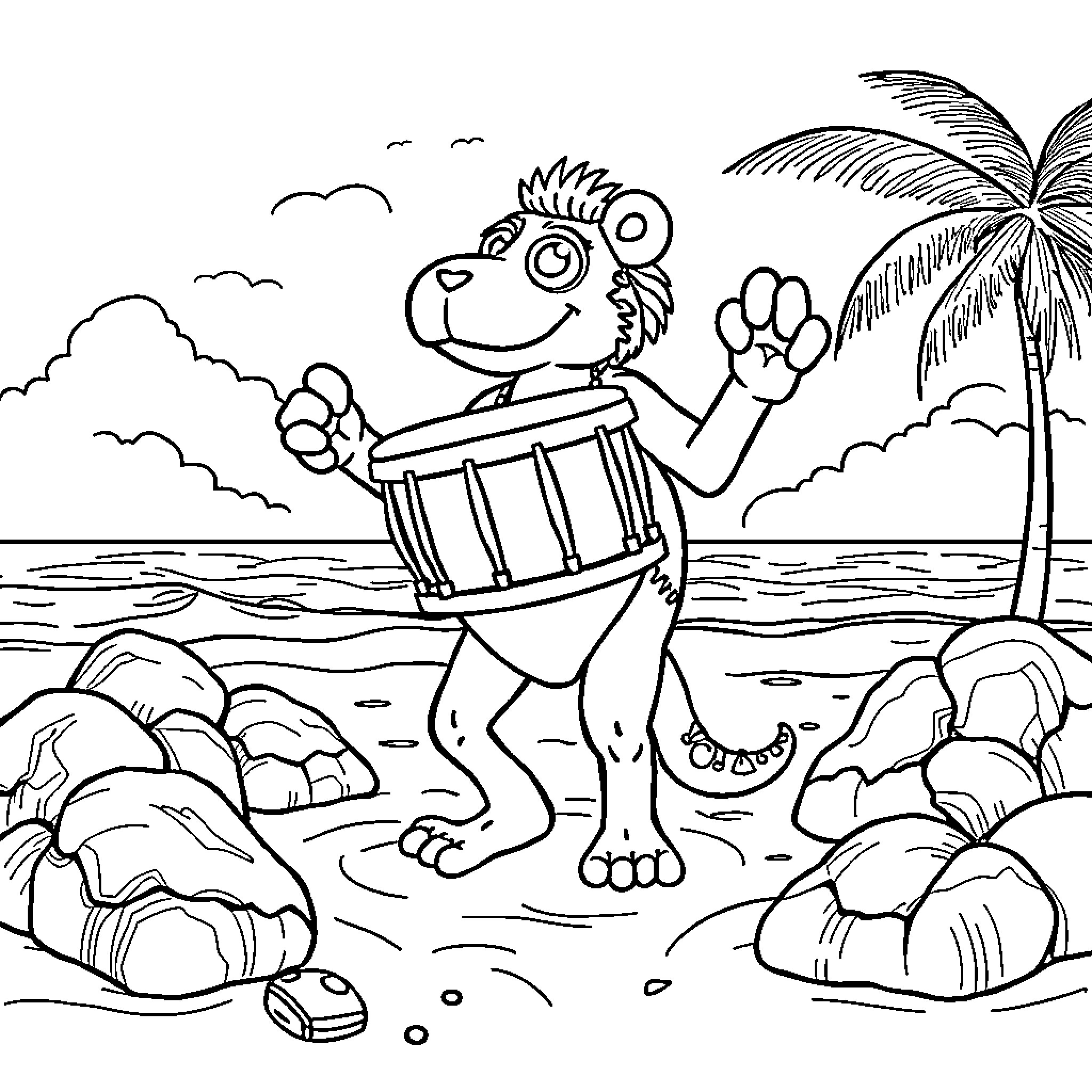 Drum-playing character on tropical beach Coloring Page (free black-and-white line drawing printable PDF for all, from beginners to advanced learners, including children, teens, adults, and seniors)
