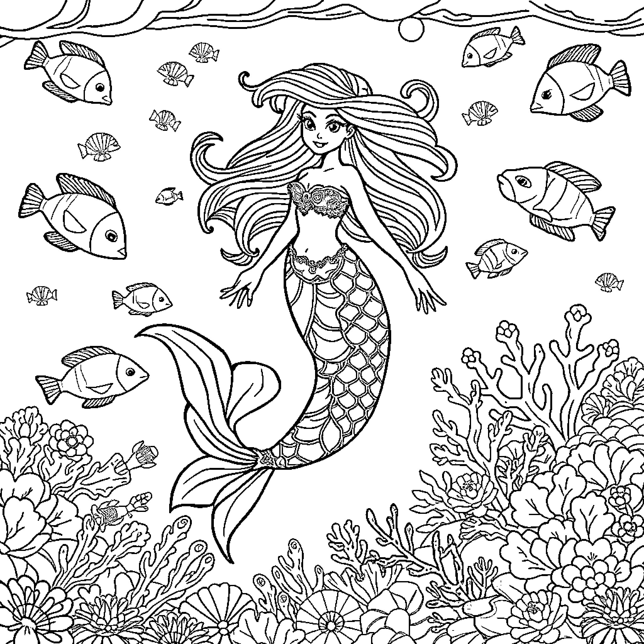 Mermaid swimming gracefully among sea creatures Coloring Page (free black-and-white line drawing printable PDF for all, from beginners to advanced learners, including children, teens, adults, and seniors)