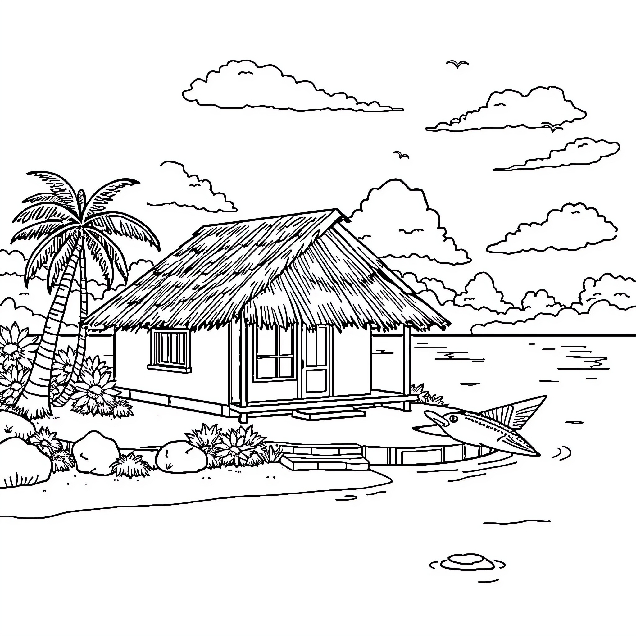 Bungalow with palm trees and boat by the shore Coloring Page (free black-and-white line drawing printable PDF for all, from beginners to advanced learners, including children, teens, adults, and seniors)