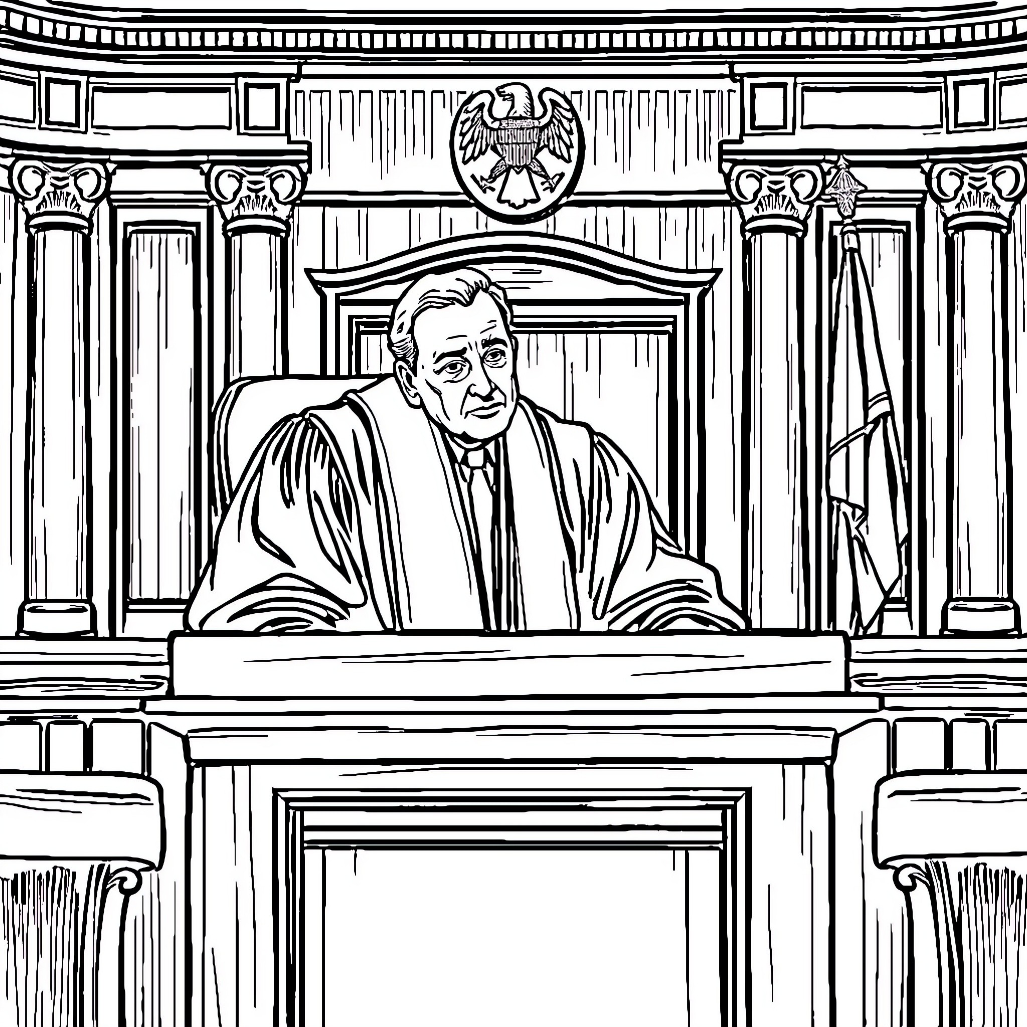 Judge Presiding Over Court Proceedings Coloring Page (free black-and-white line drawing printable PDF for all, from beginners to advanced learners, including children, teens, adults, and seniors)