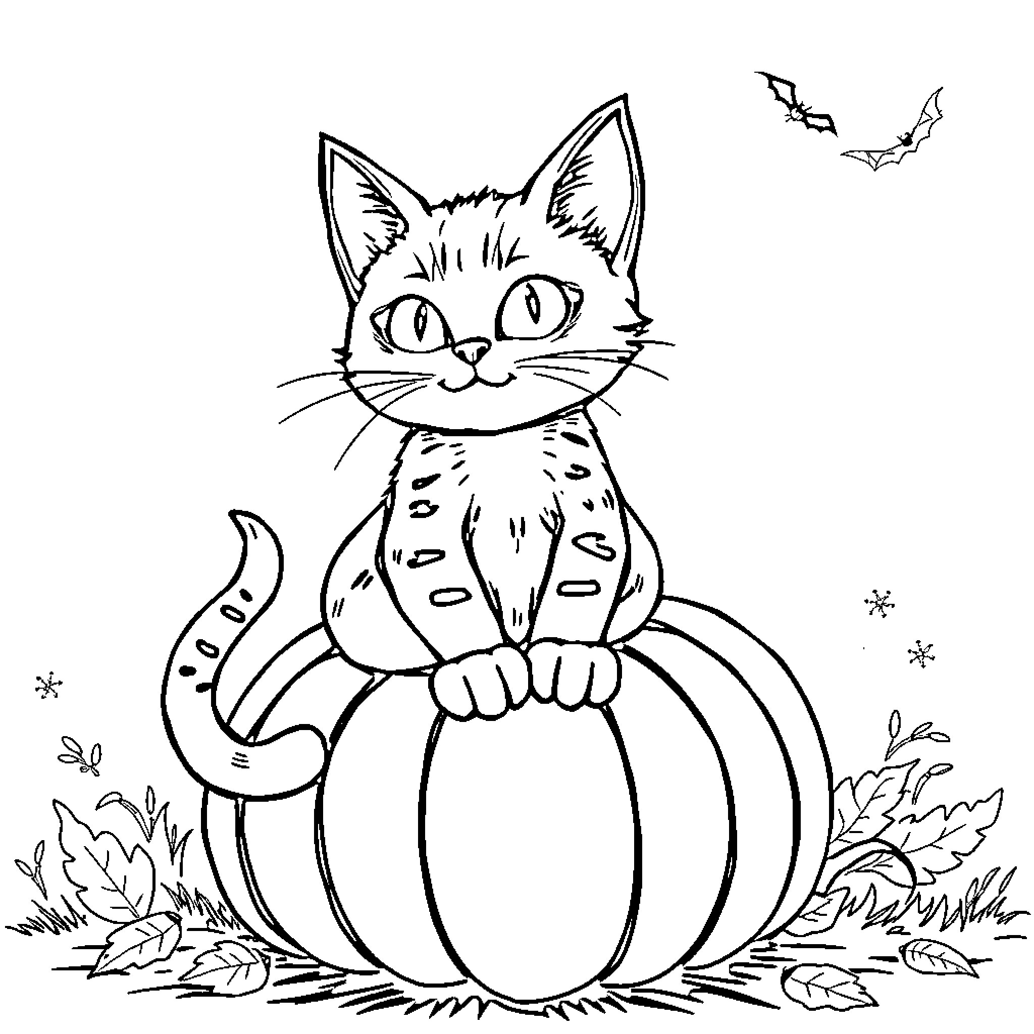 Cat sitting on a pumpkin with bats Coloring Page (free black-and-white line drawing printable PDF for all, from beginners to advanced learners, including children, teens, adults, and seniors)