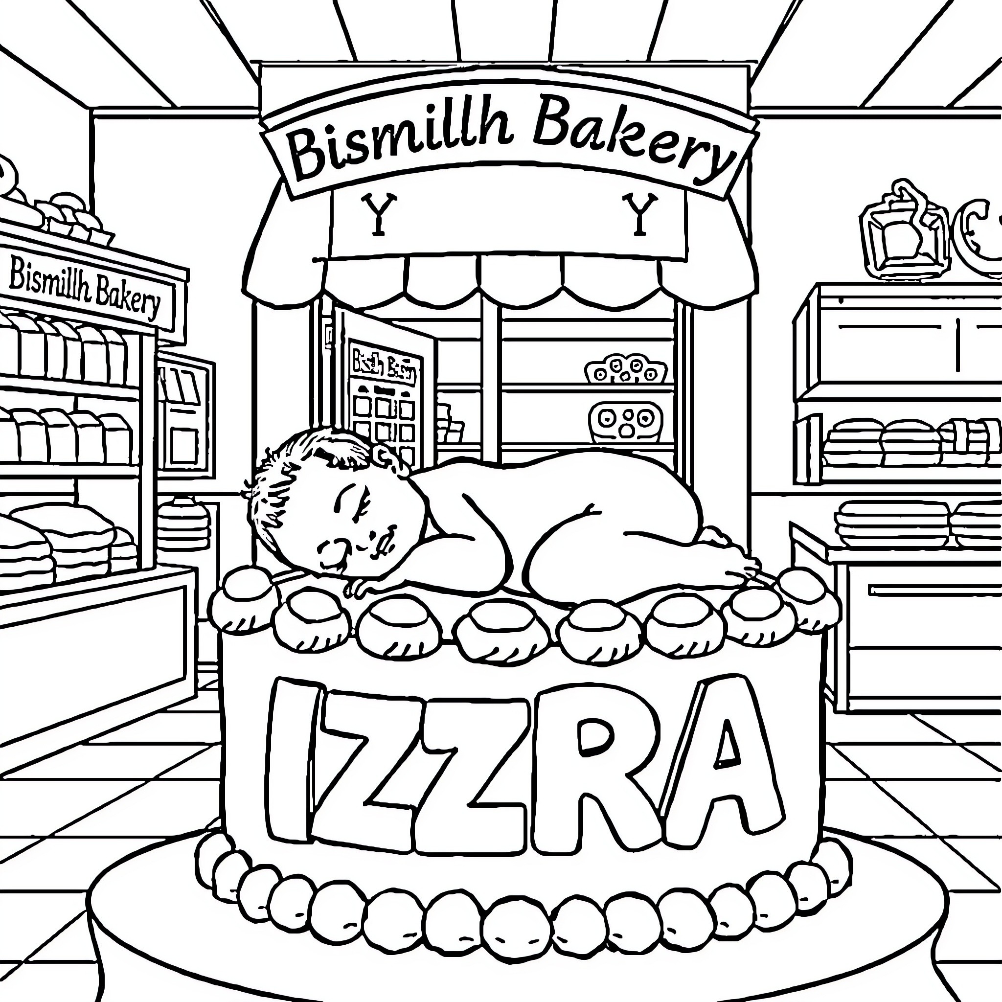 Baby sleeping on giant pizza in bakery Coloring Page (free black-and-white line drawing printable PDF for all, from beginners to advanced learners, including children, teens, adults, and seniors)