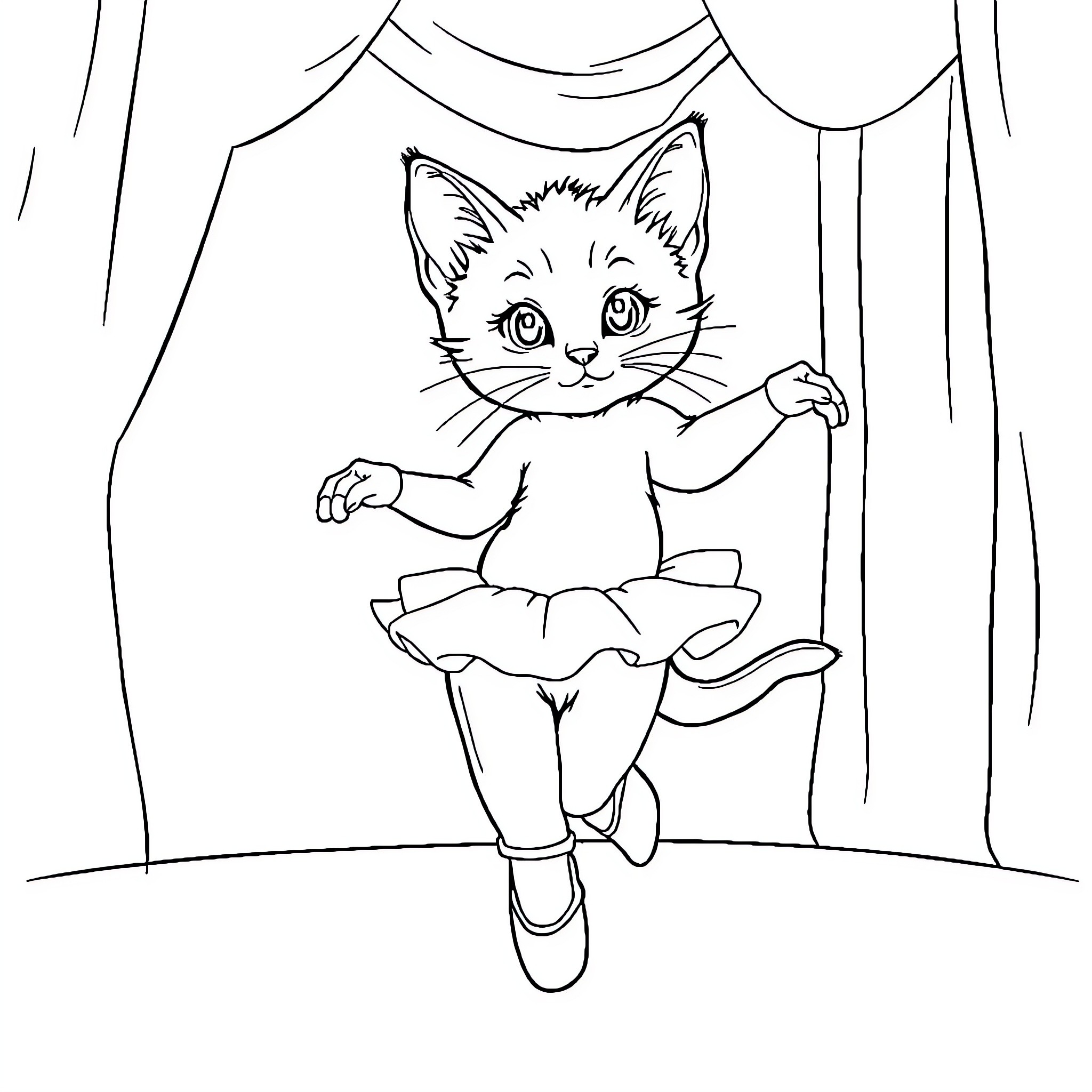 Kitten performing on stage in a tutu Coloring Page (free black-and-white line drawing printable PDF for all, from beginners to advanced learners, including children, teens, adults, and seniors)