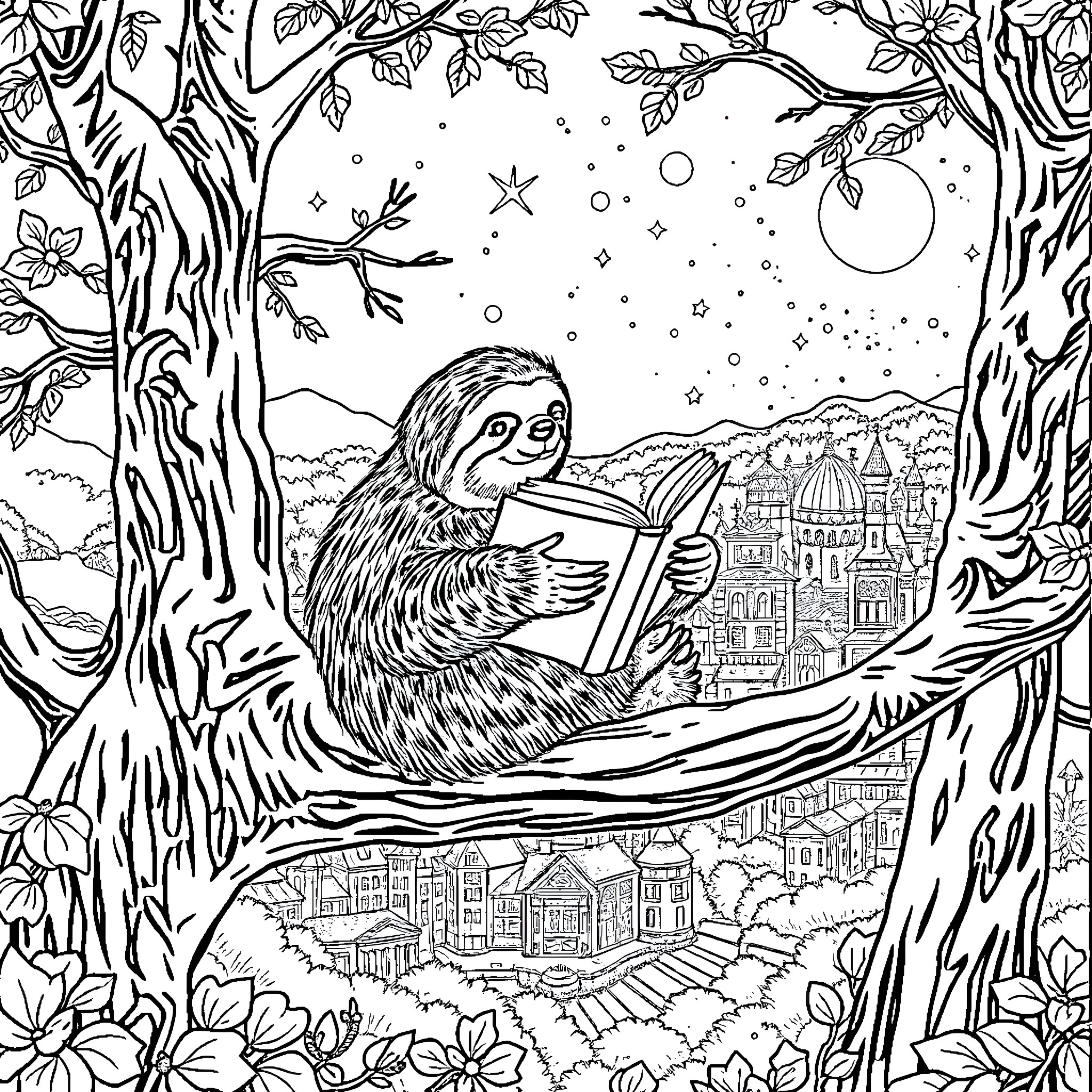Sloth reading a book in a magical forest Coloring Page (free black-and-white line drawing printable PDF for all, from beginners to advanced learners, including children, teens, adults, and seniors)