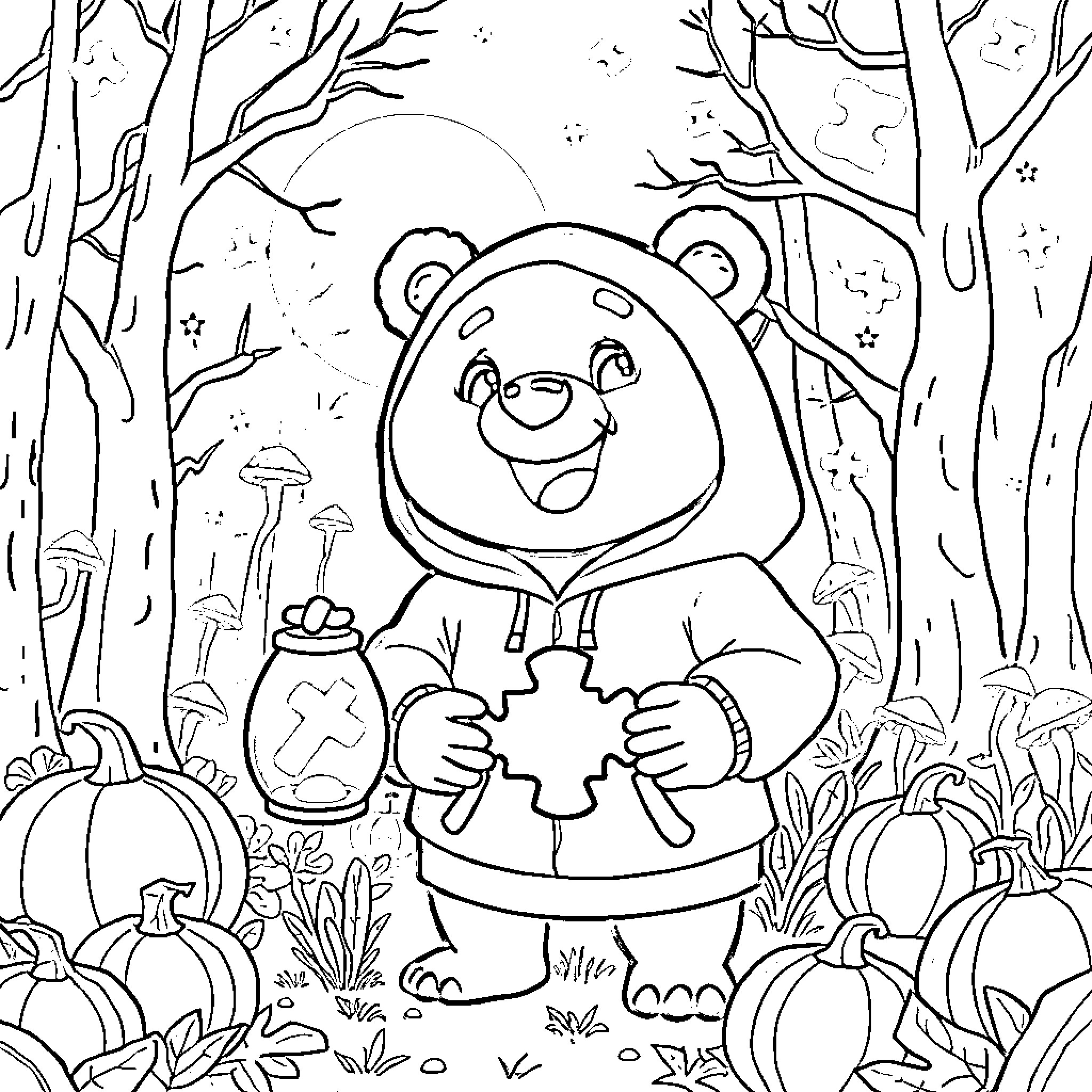 Bear Holding a Puzzle Piece in the Autumn Forest Coloring Page (free black-and-white line drawing printable PDF for all, from beginners to advanced learners, including children, teens, adults, and seniors)