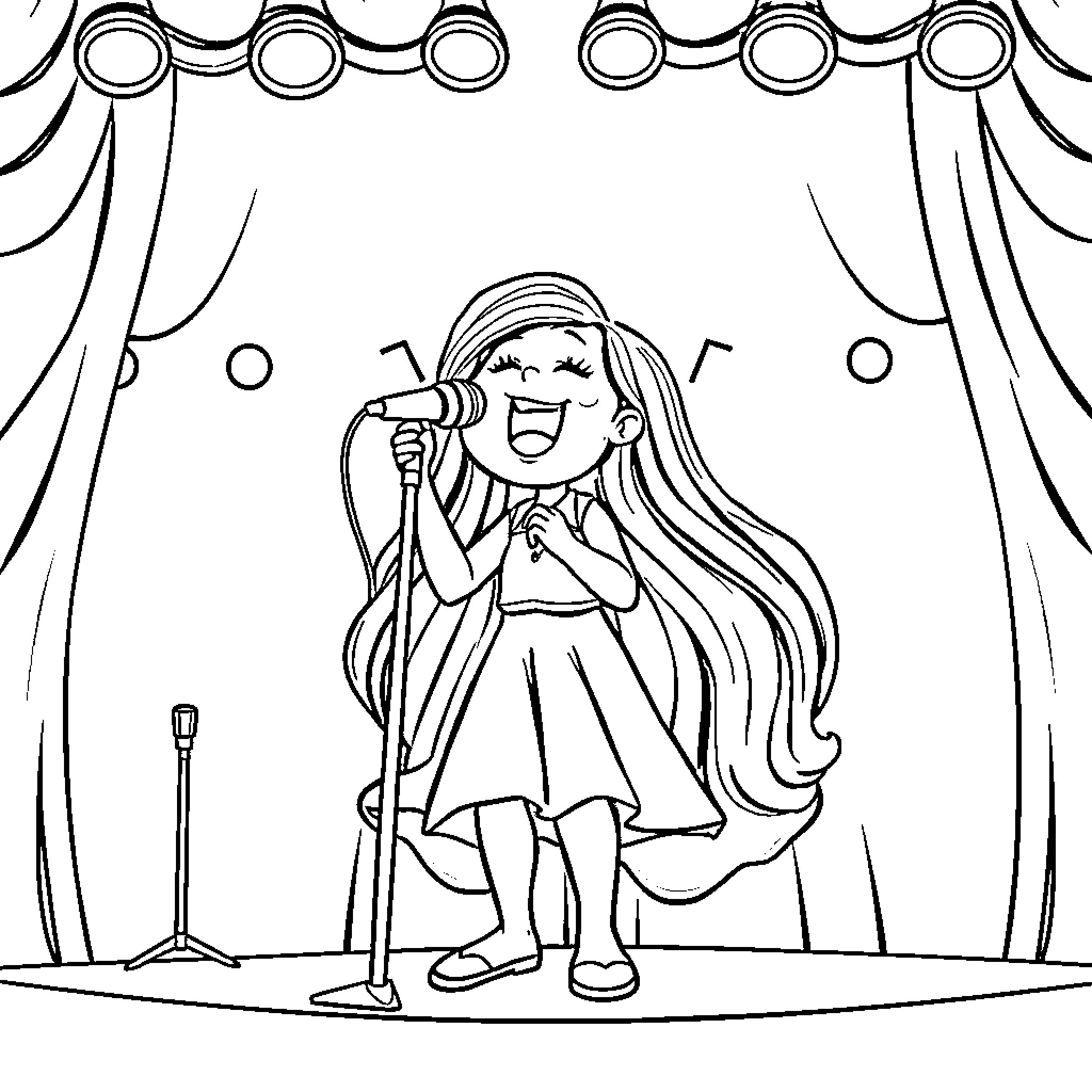 Bluei performs on stage with enthusiasm Coloring Page (free black-and-white line drawing printable PDF for all, from beginners to advanced learners, including children, teens, adults, and seniors)