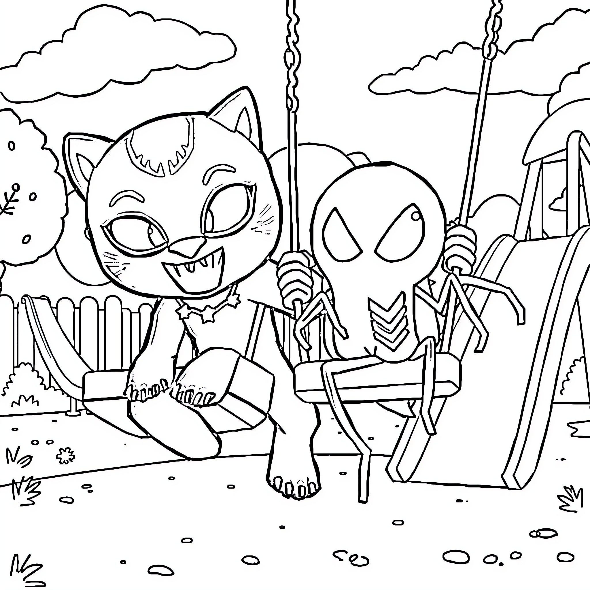 Black Panther's Playful Encounter with Deadpool Coloring Page (free black-and-white line drawing printable PDF for all, from beginners to advanced learners, including children, teens, adults, and seniors)