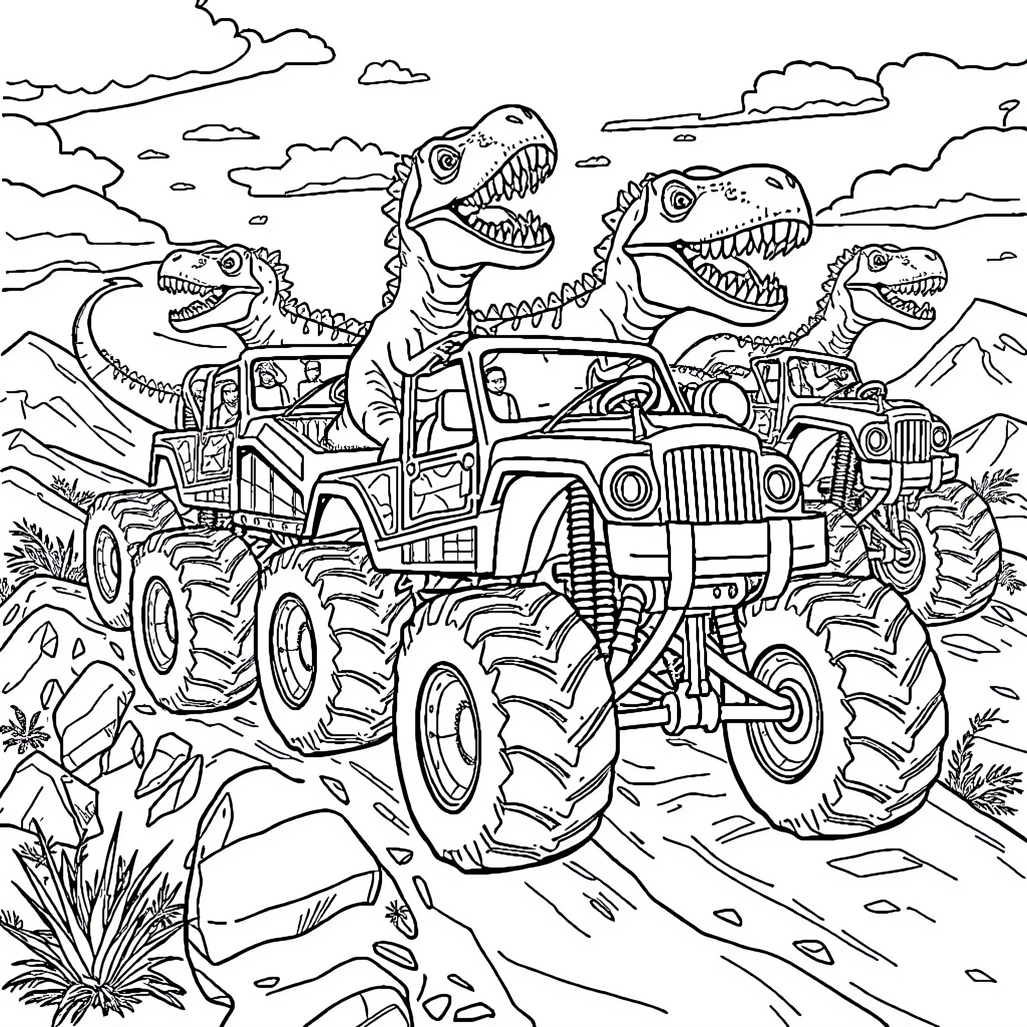 Dinosaurs driving a monster truck through the wilderness Coloring Page (free black-and-white line drawing printable PDF for all, from beginners to advanced learners, including children, teens, adults, and seniors)