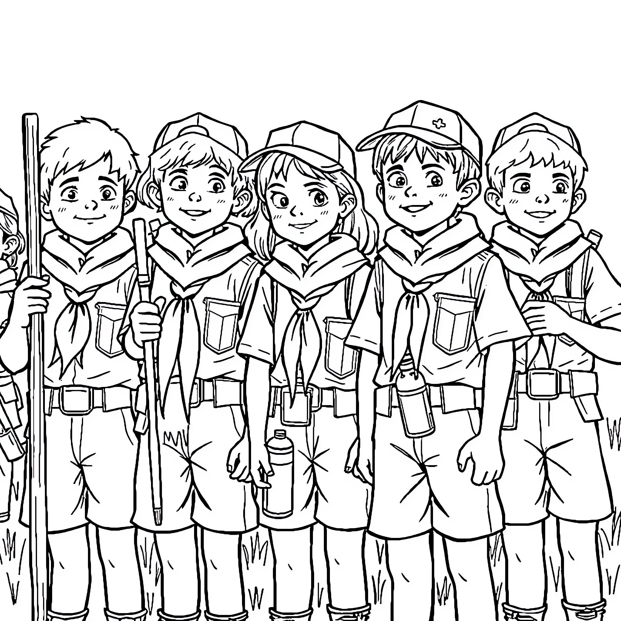 Scout adventure group exploring the outdoors Coloring Page (free black-and-white line drawing printable PDF for all, from beginners to advanced learners, including children, teens, adults, and seniors)
