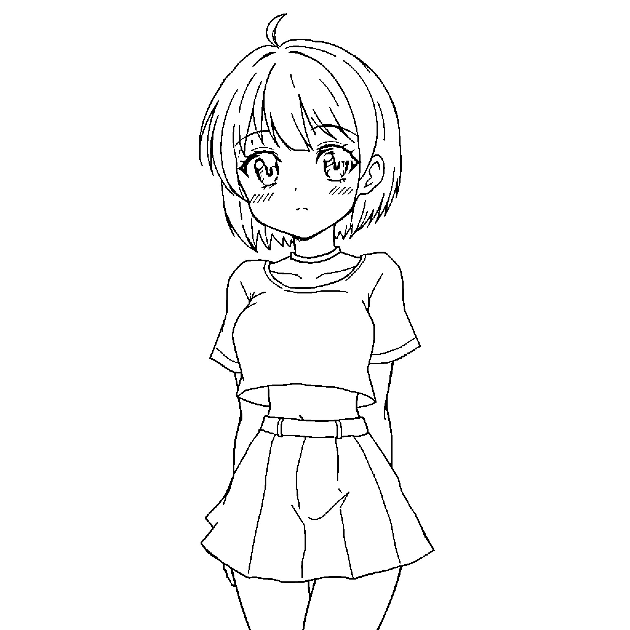 Anime Girl in a Casual Outfit Coloring Page (free black-and-white line drawing printable PDF for all, from beginners to advanced learners, including children, teens, adults, and seniors)