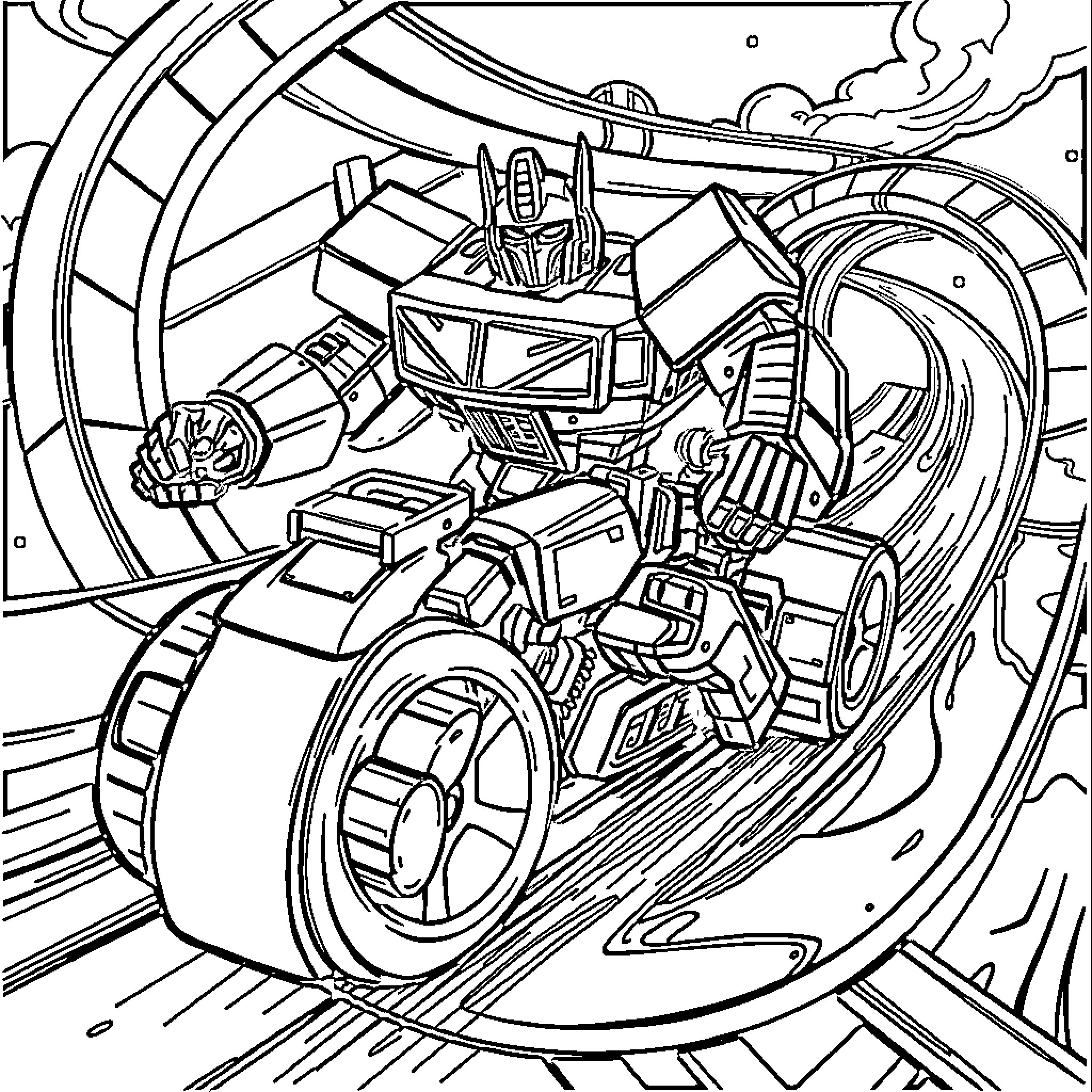 Optimus Prime Riding Transformers Vehicle in Action Coloring Page (free black-and-white line drawing printable PDF for all, from beginners to advanced learners, including children, teens, adults, and seniors)