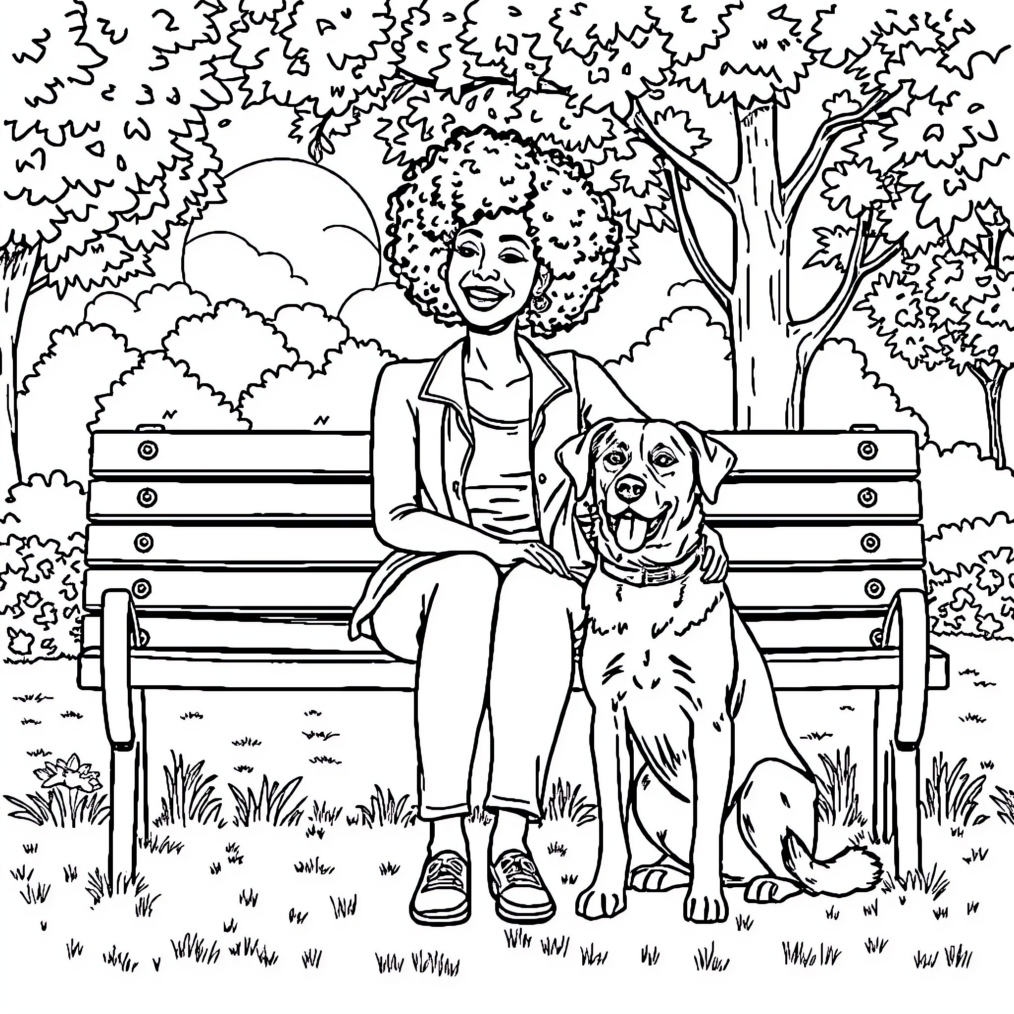 Woman with dog sitting on park bench Coloring Page (free black-and-white line drawing printable PDF for all, from beginners to advanced learners, including children, teens, adults, and seniors)