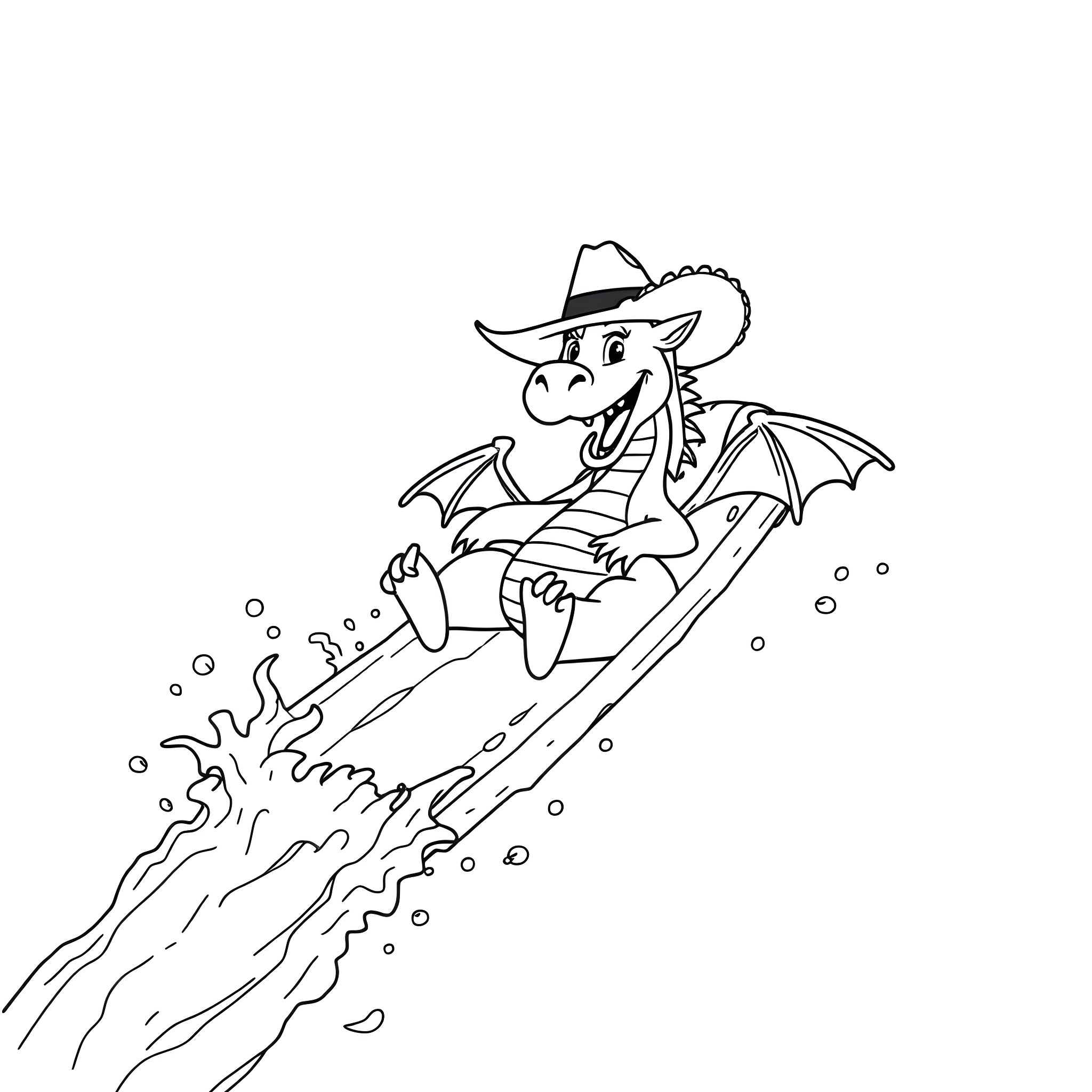 Dragon riding a surfboard through the waves Coloring Page (free black-and-white line drawing printable PDF for all, from beginners to advanced learners, including children, teens, adults, and seniors)