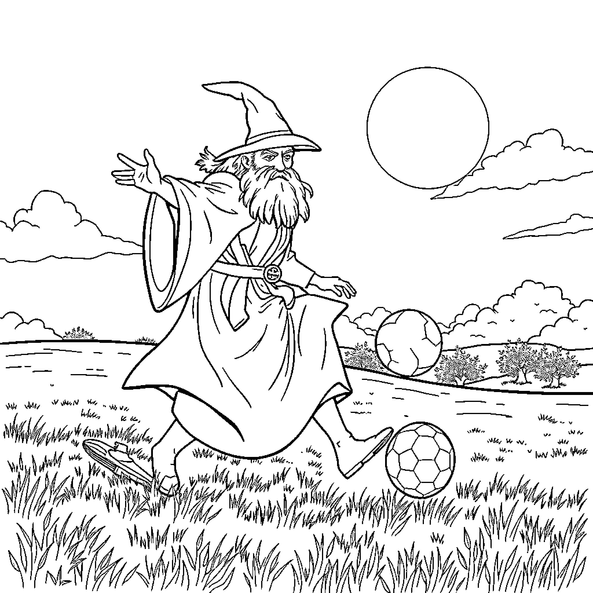 Gandalf kicking a soccer ball in a field Coloring Page (free black-and-white line drawing printable PDF for all, from beginners to advanced learners, including children, teens, adults, and seniors)